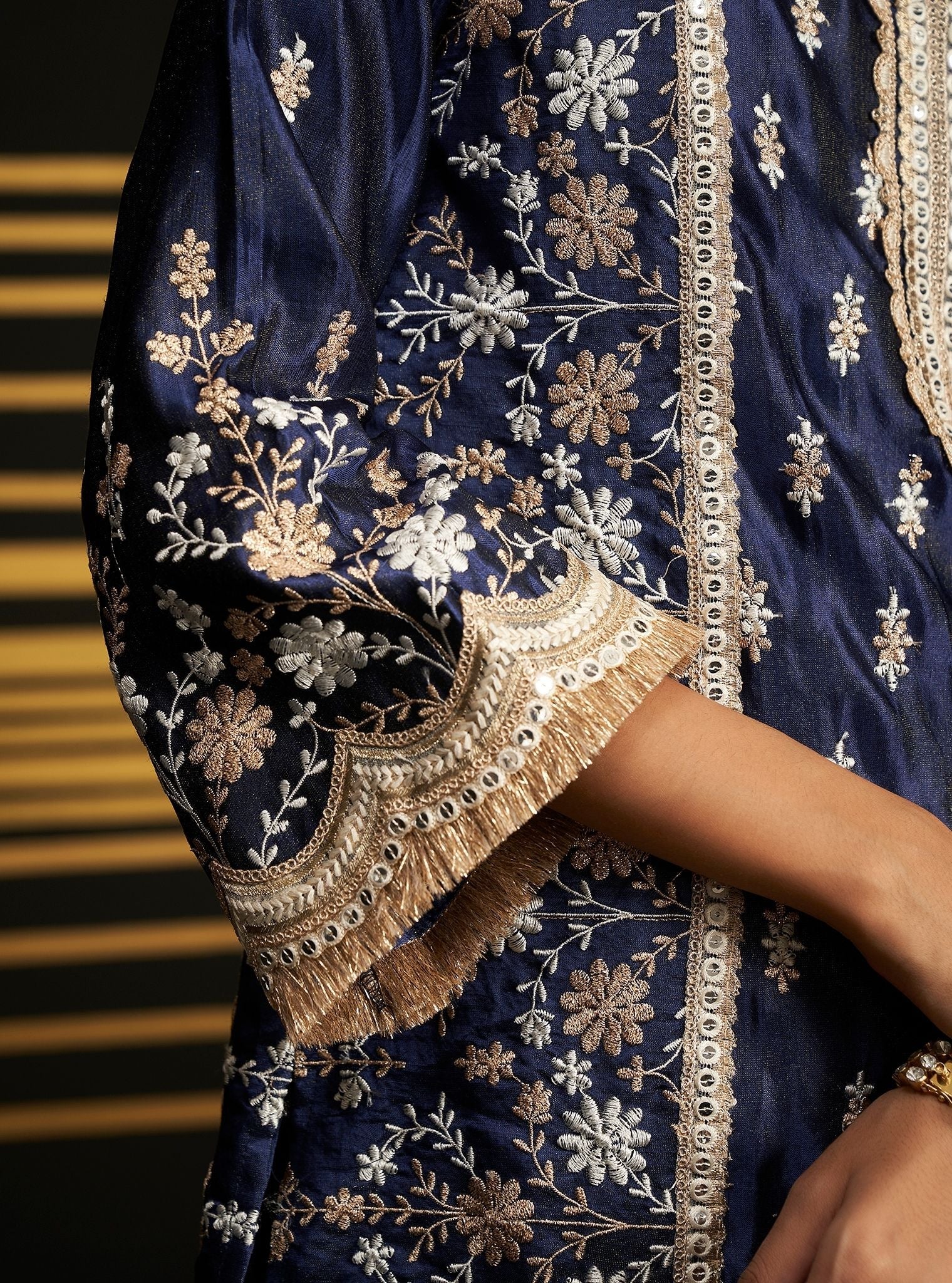 Satranga Tissue Linen Satin Navy Kurta Set