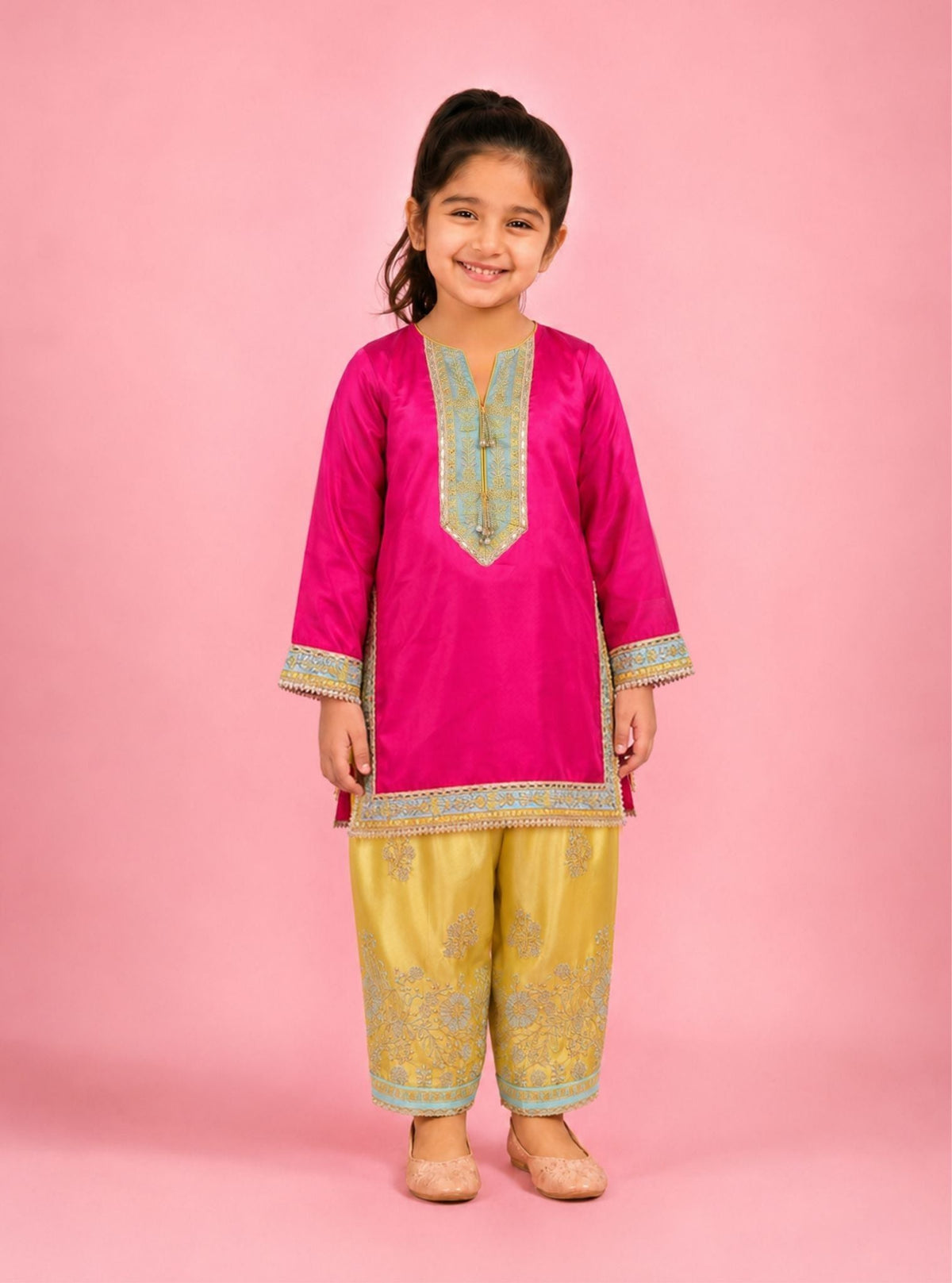 Caeli Cupro Satin Printed Fuchsia & Lime Kurta Set