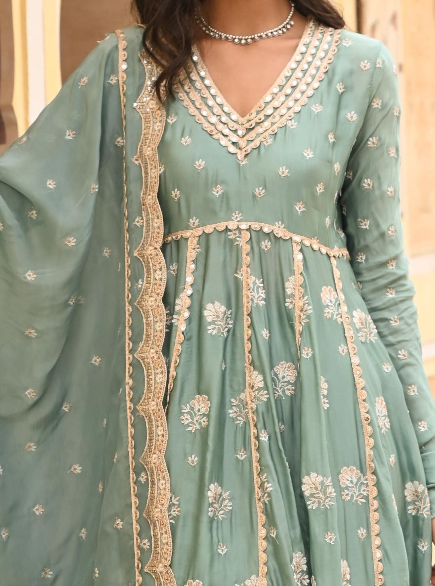 Tareefan Organza Satin Teal Blue Anarkali Kurta Set