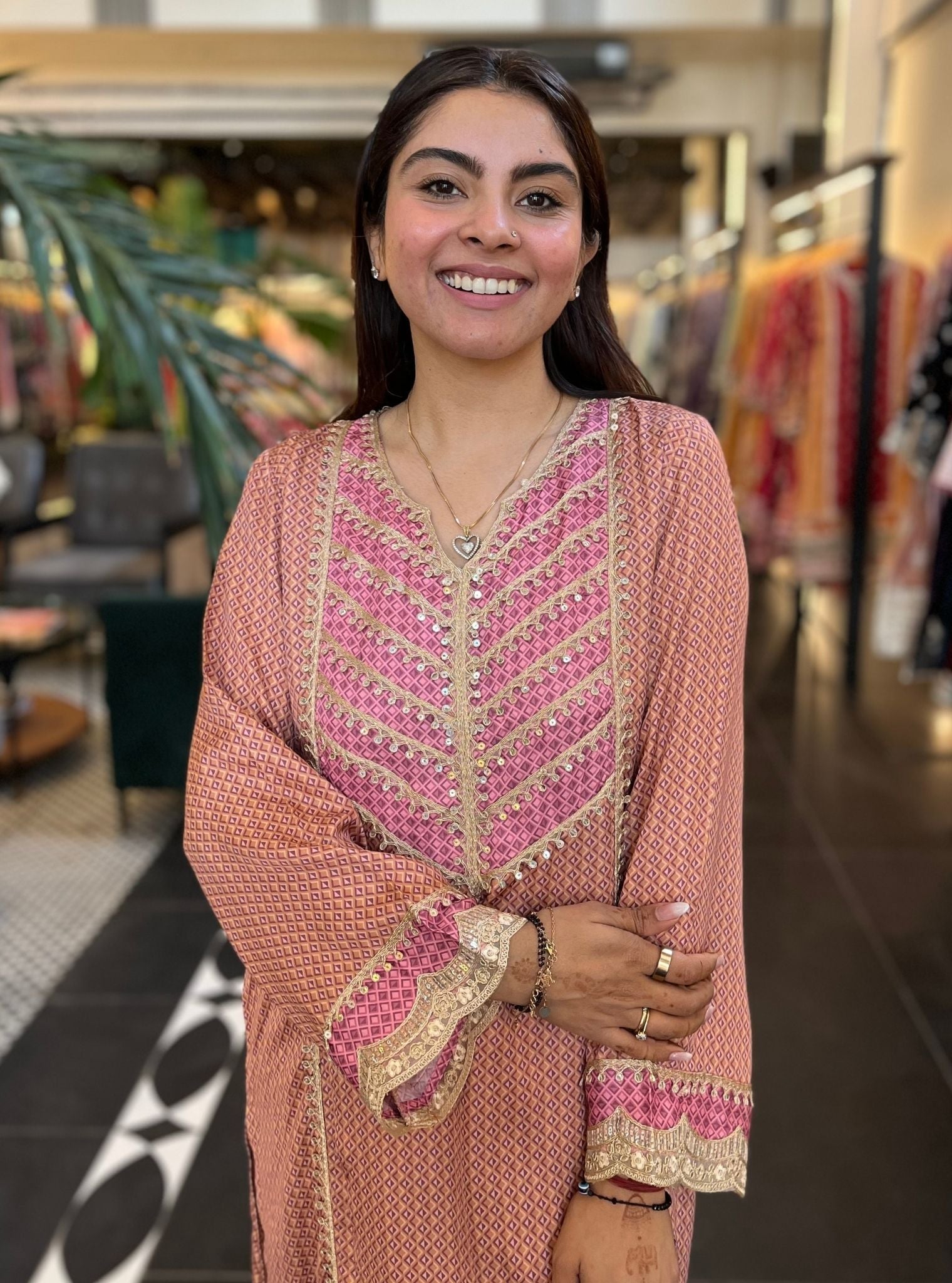 Jordyna Cupro Printed Brown Kurta Set