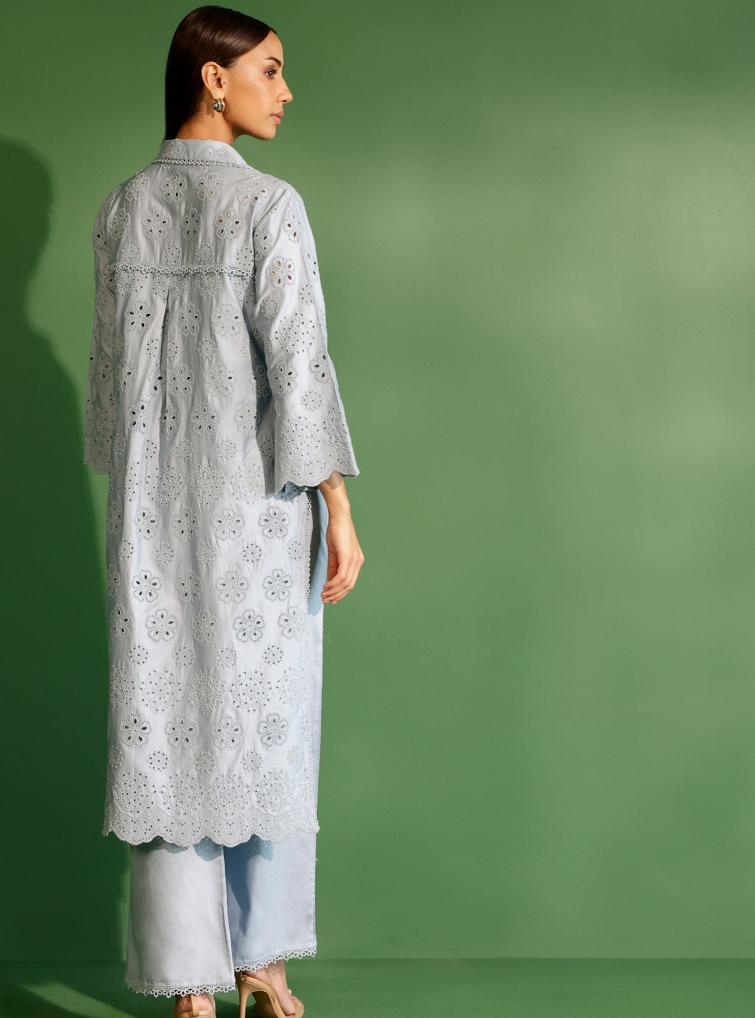 Harriet Pima Satin Blue Long shirt co-ord set