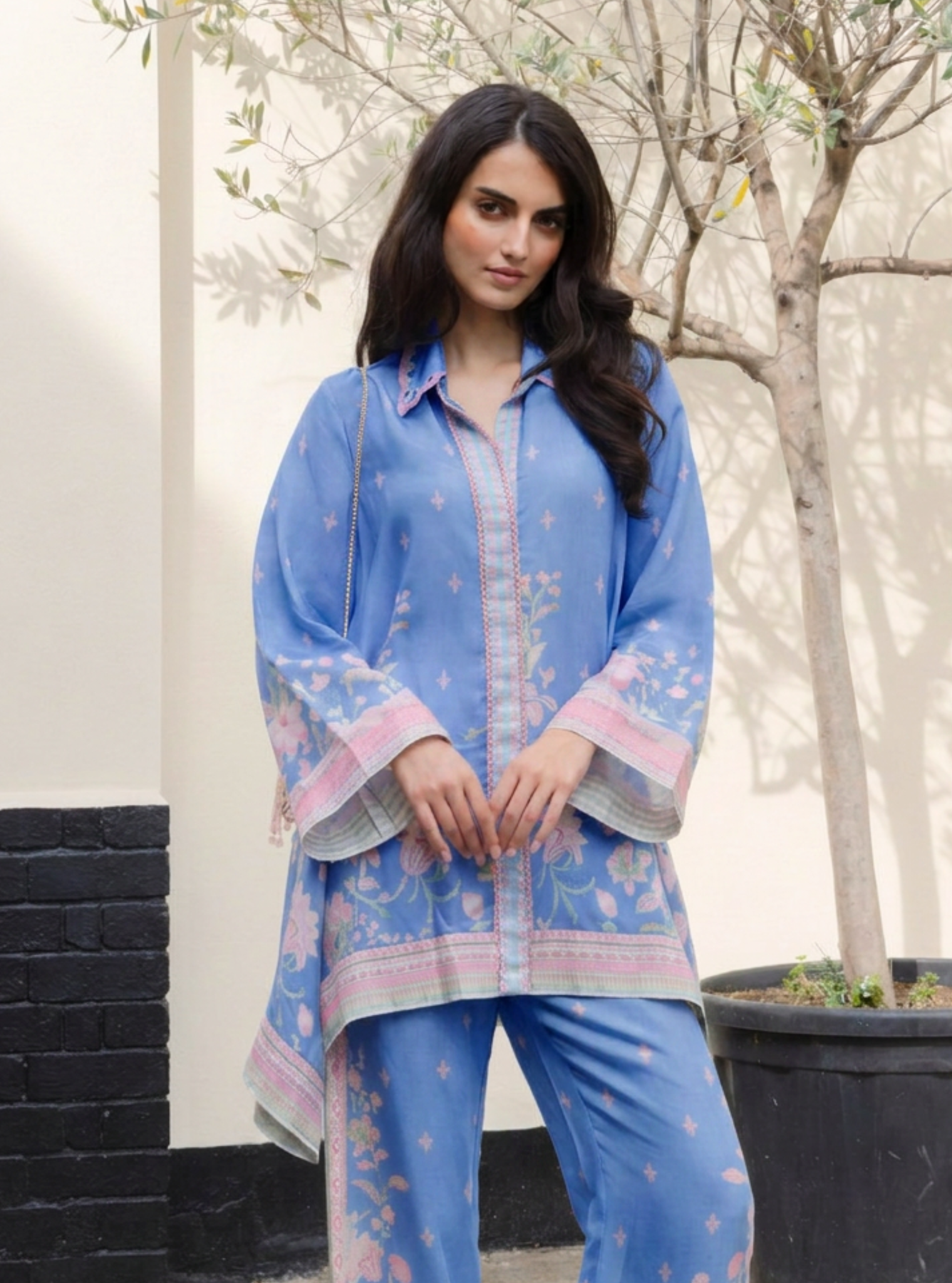 Odelle Lawn Printed Steel Blue Shirt Set