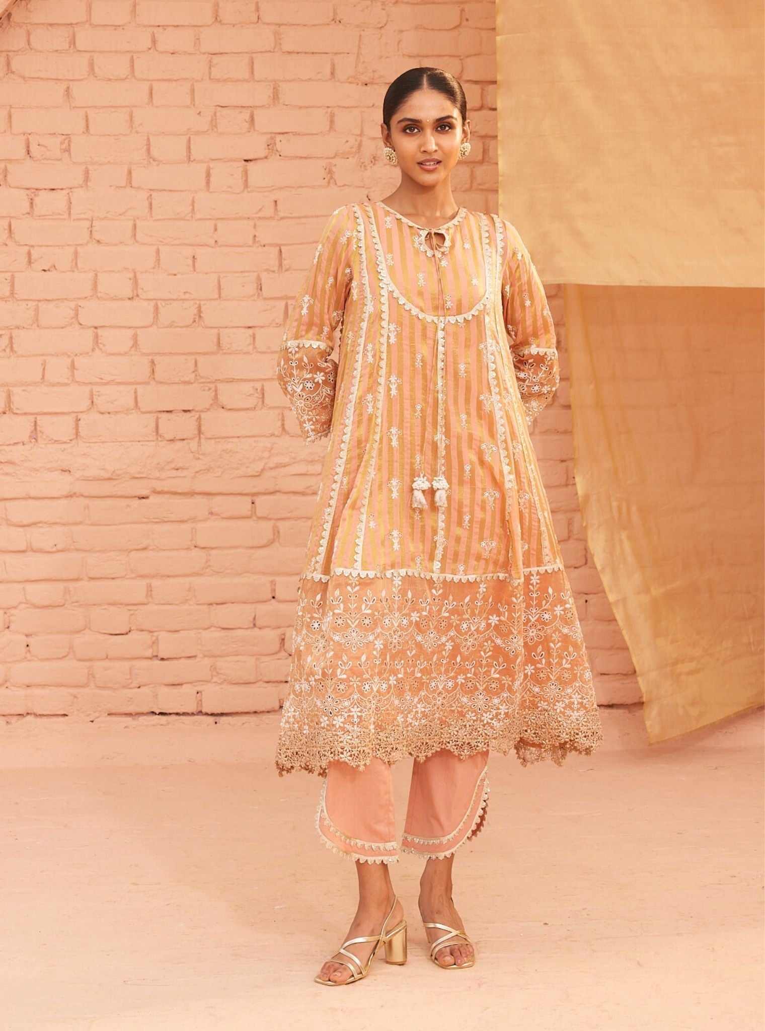 Bridget Banarsi Peach Anarkali Kurta Set