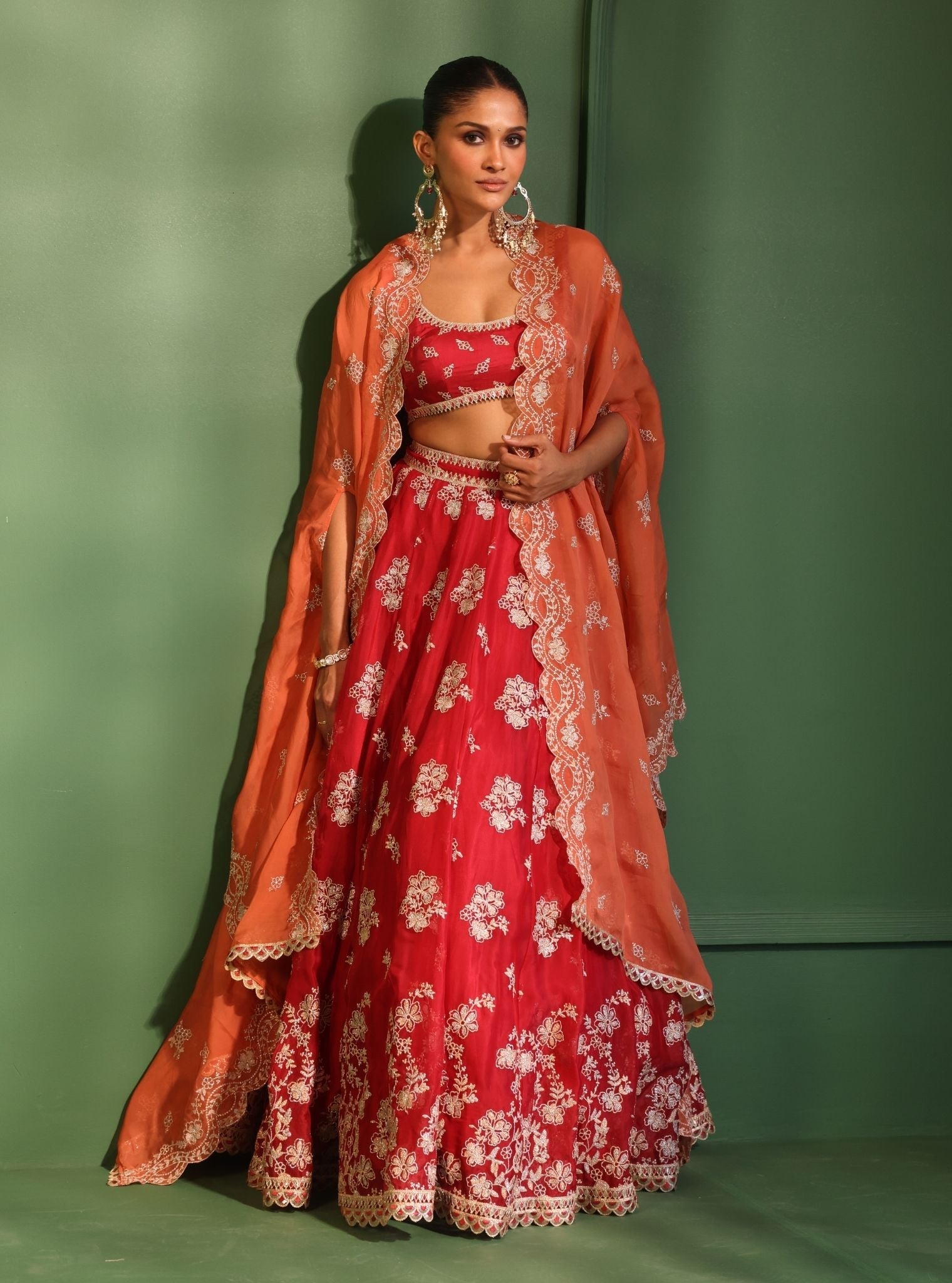 Jugnu Organza Red Lehenga