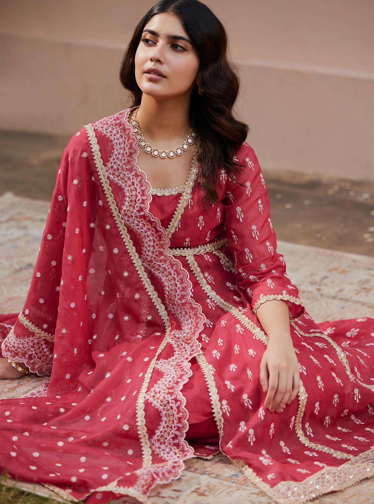 Samici Organza Red Anarkali Kurta Set