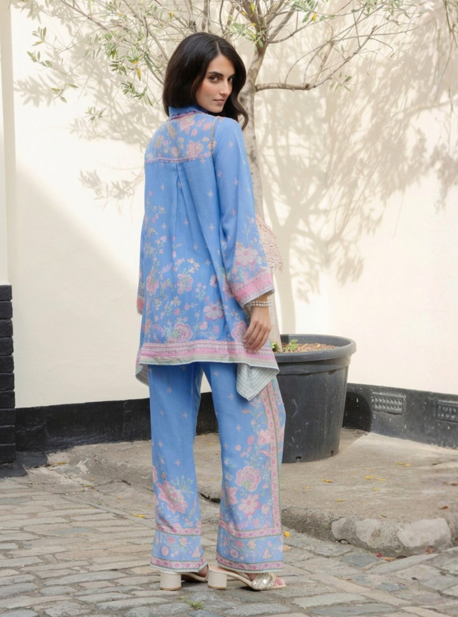 Odelle Lawn Printed Steel Blue Shirt Set