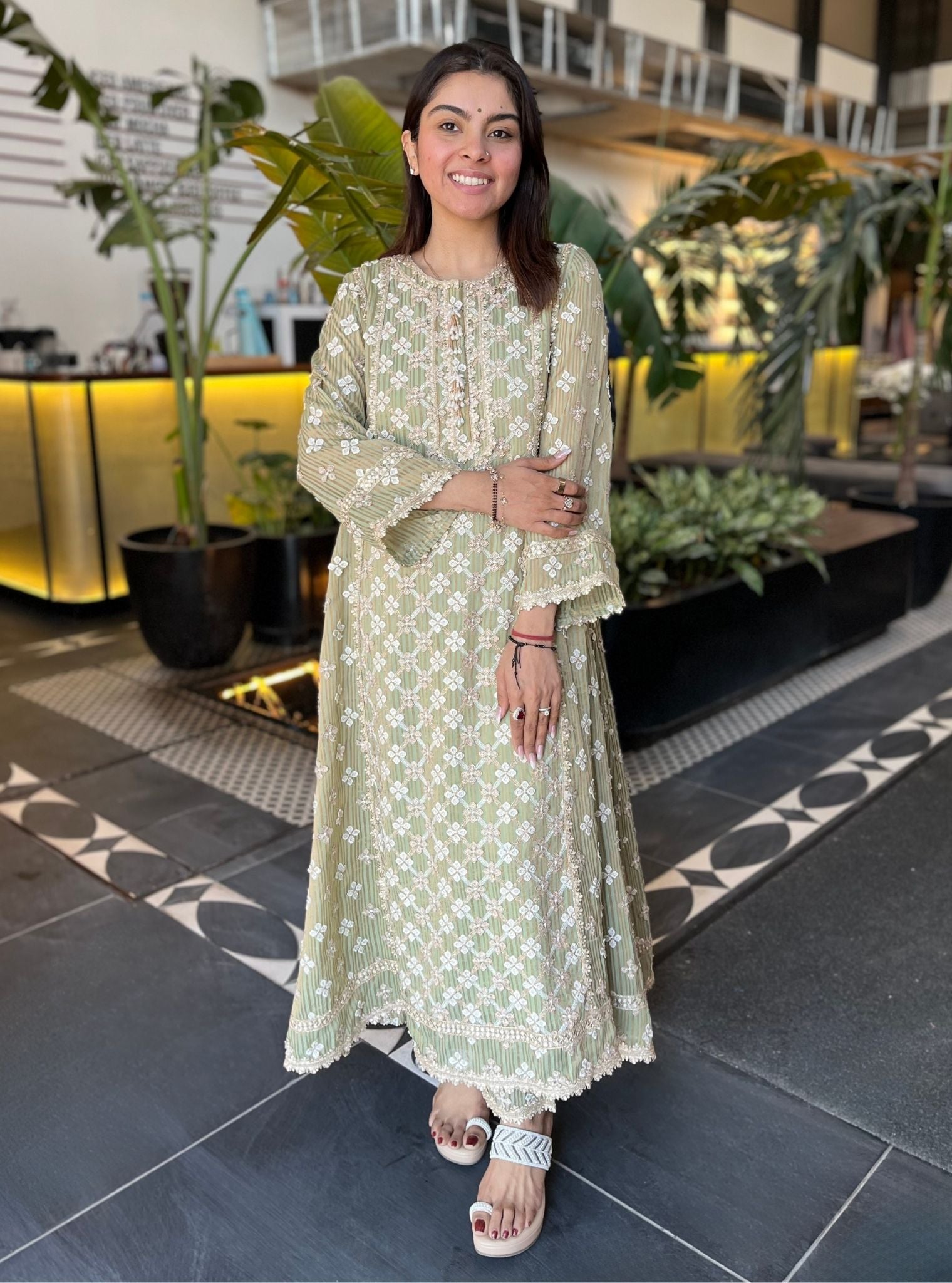 Eurielle Banarsi Green Anarkali Kurta Set