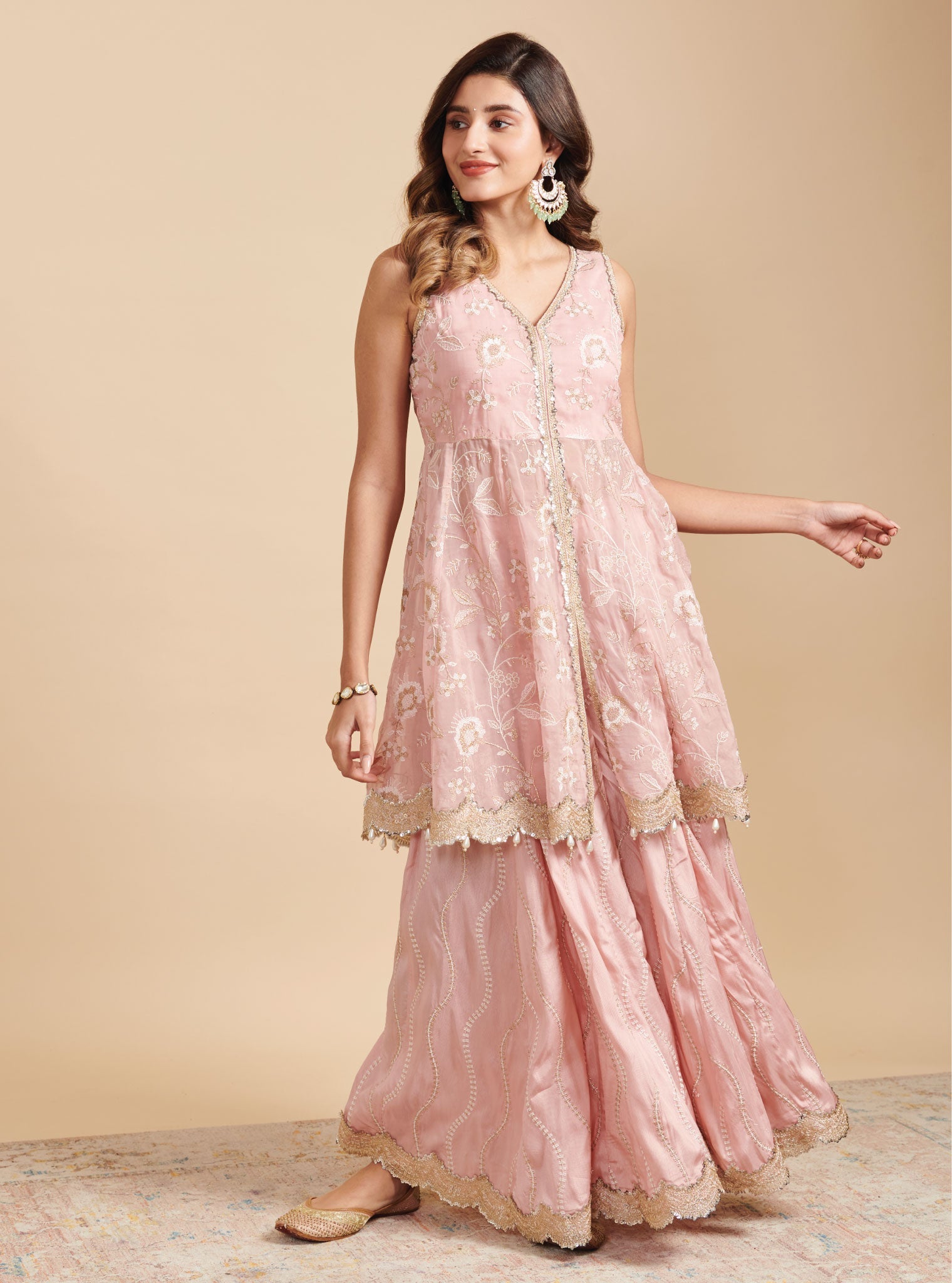 Lashkara Organza Short Anarkali Pink Kurta with Sharara Set