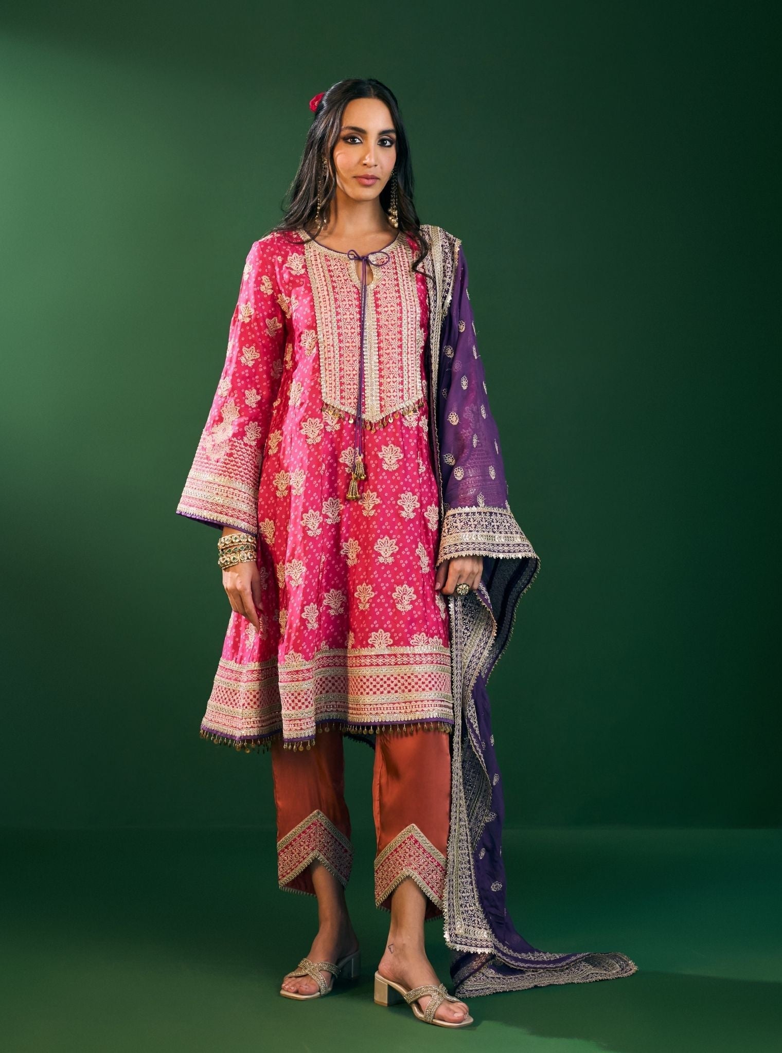 Arvini Cupro Satin Fuschia Anarkali Kurta Set