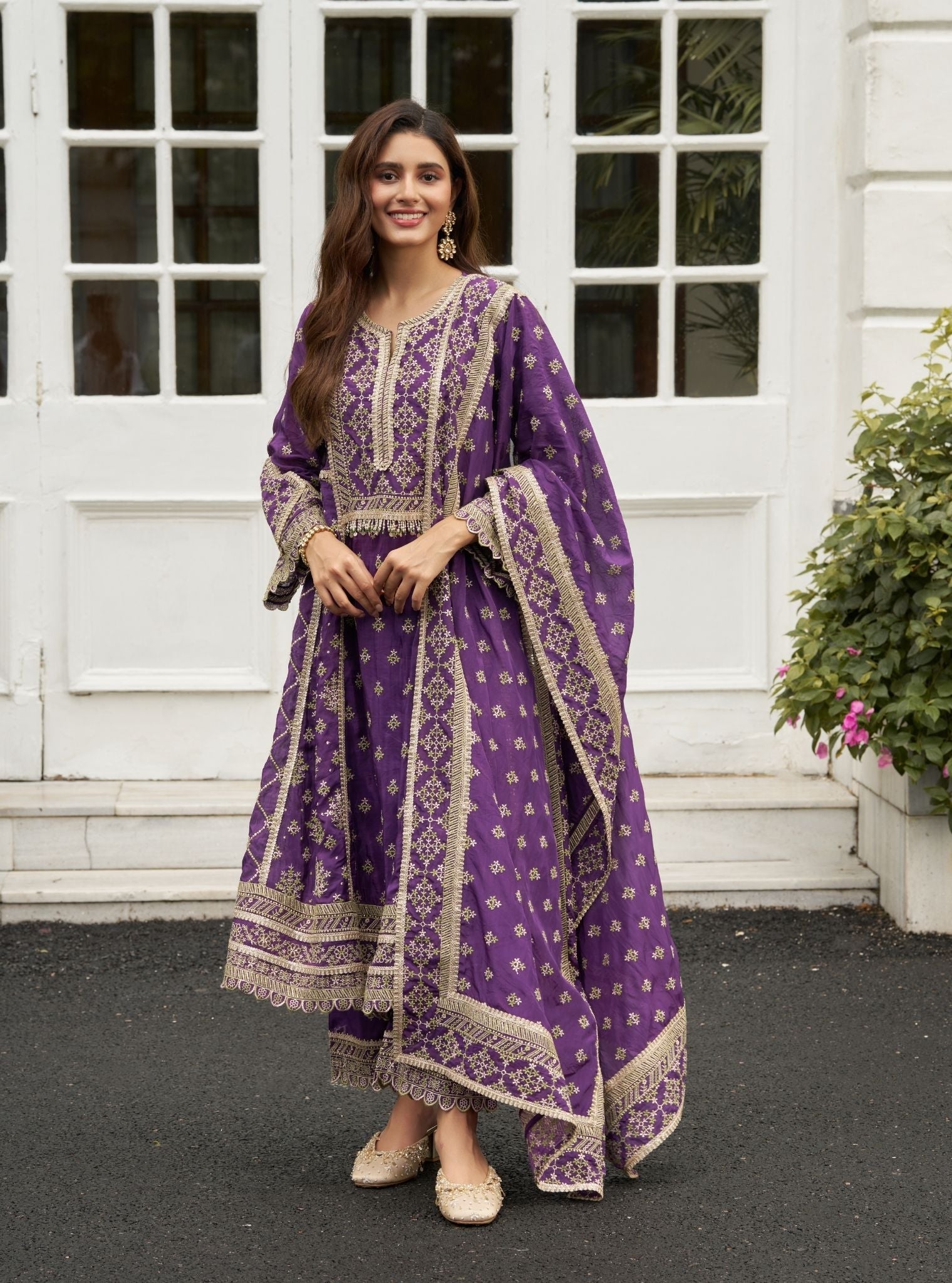 Sundari Viscose Glass Organza Luxe Purple Anarkali Kurta Set