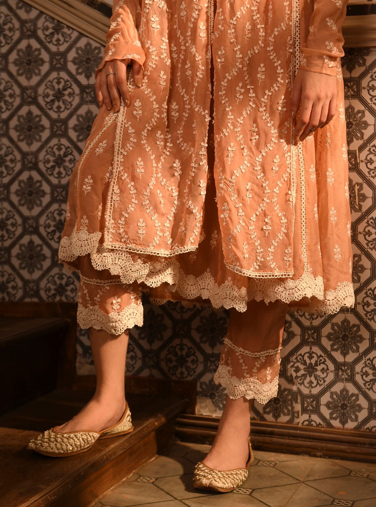 Kira Organza Peach Anarkali Kurta Set