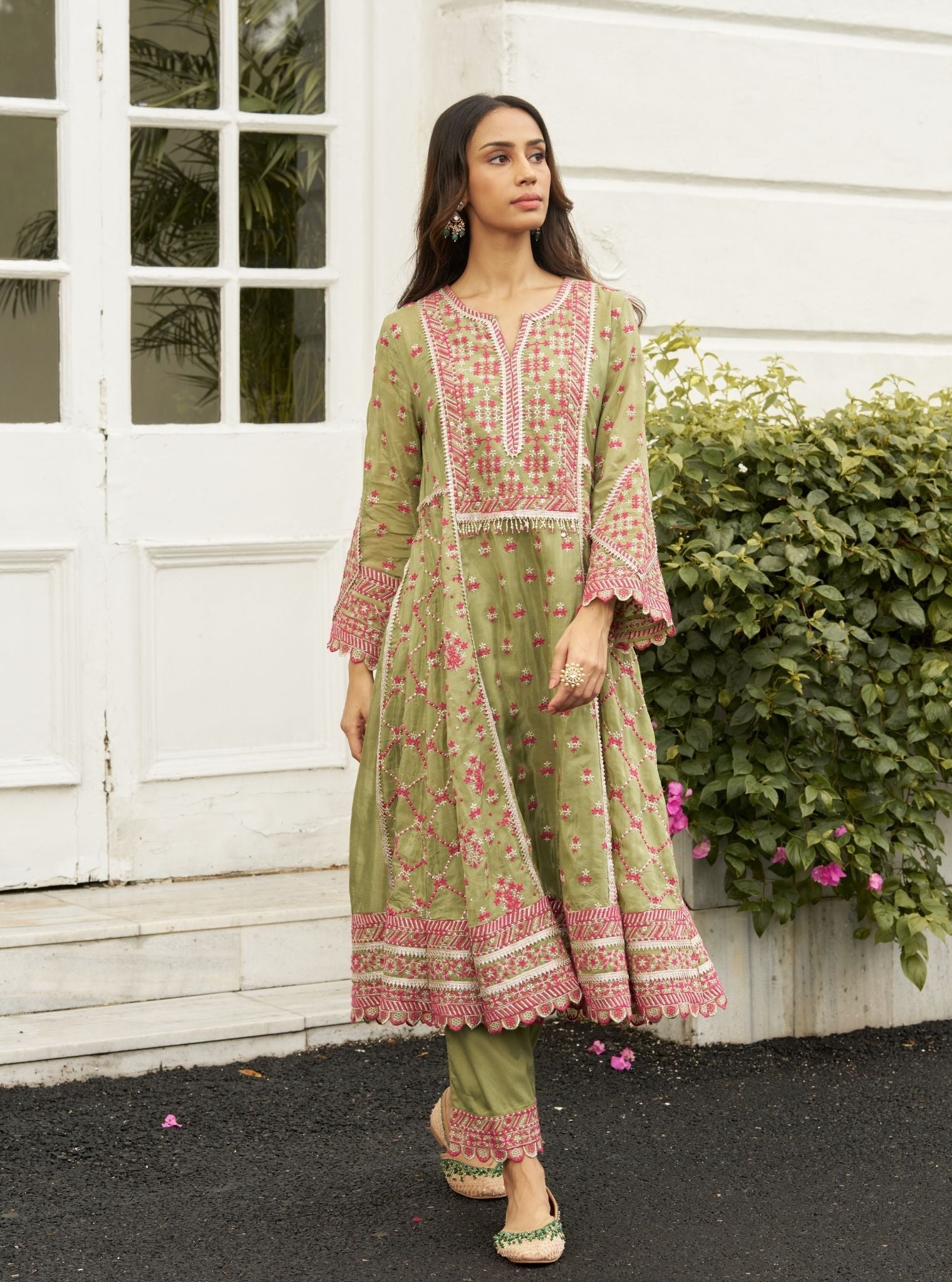 Sundari Viscose Glass Organza Luxe Pista Green Anarkali Kurta Set