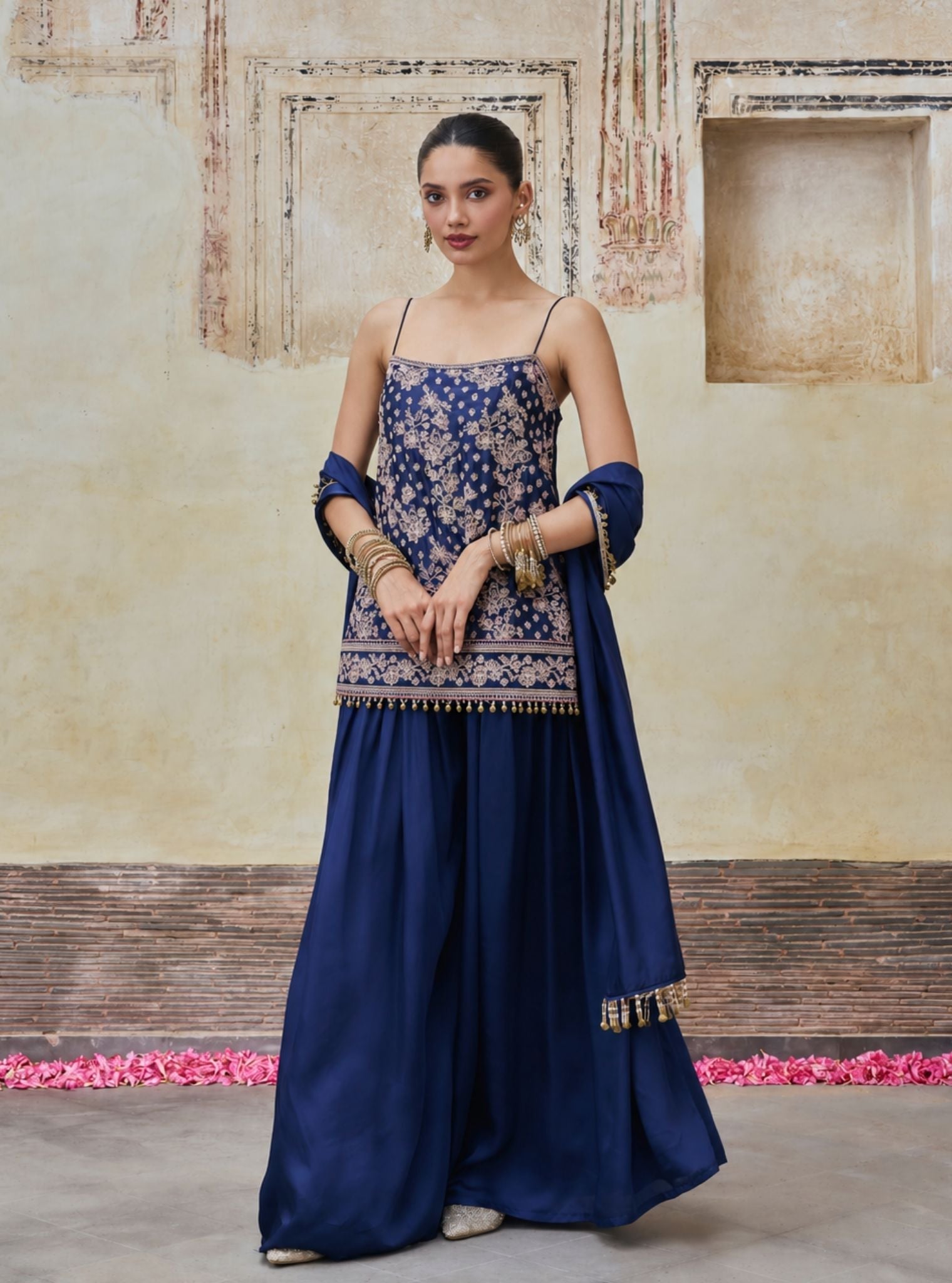 Aangan Cupro Satin Navy Sharara Set