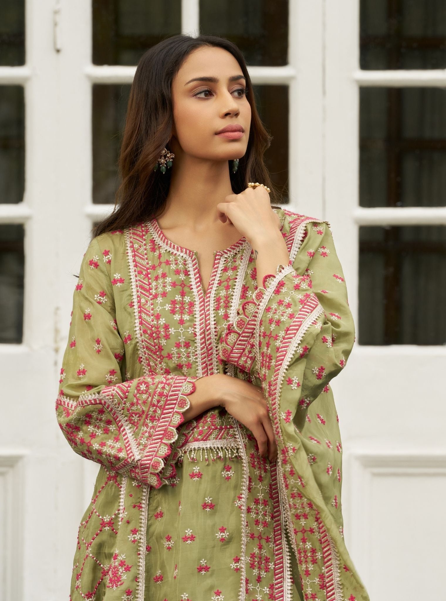 Sundari Viscose Glass Organza Luxe Pista Green Anarkali Kurta Set