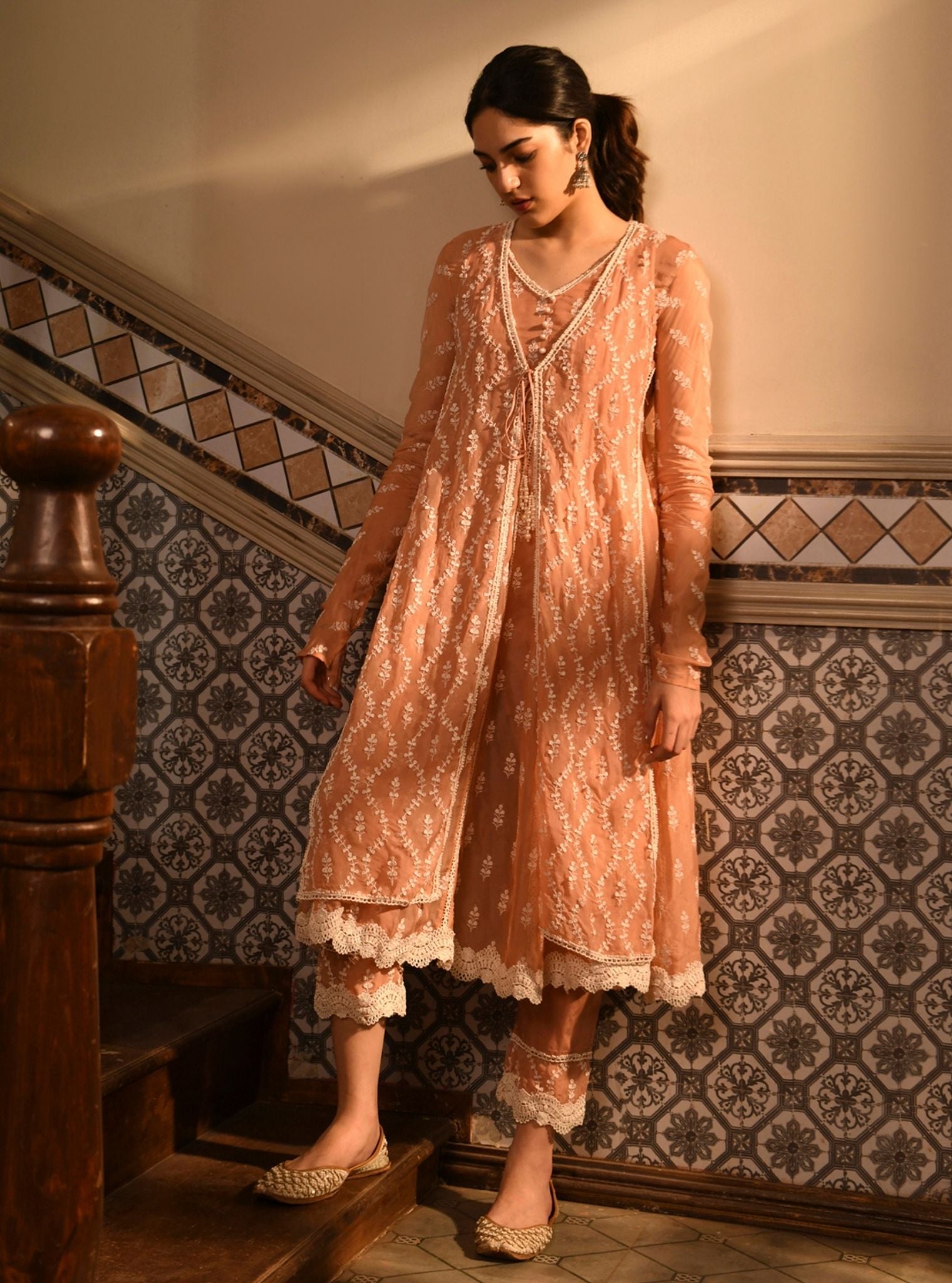 Kira Organza Peach Anarkali Kurta Set