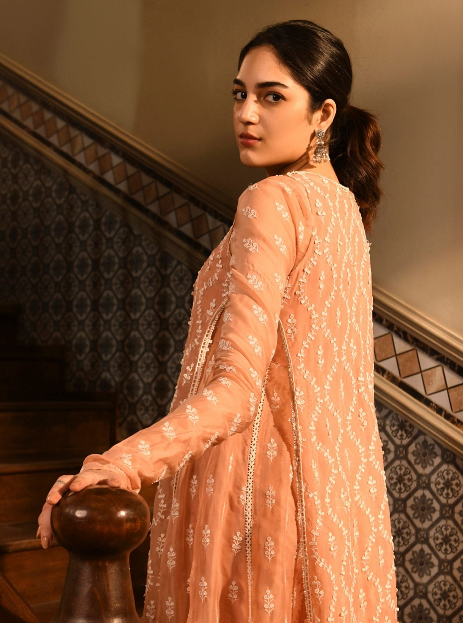 Kira Organza Peach Anarkali Kurta Set