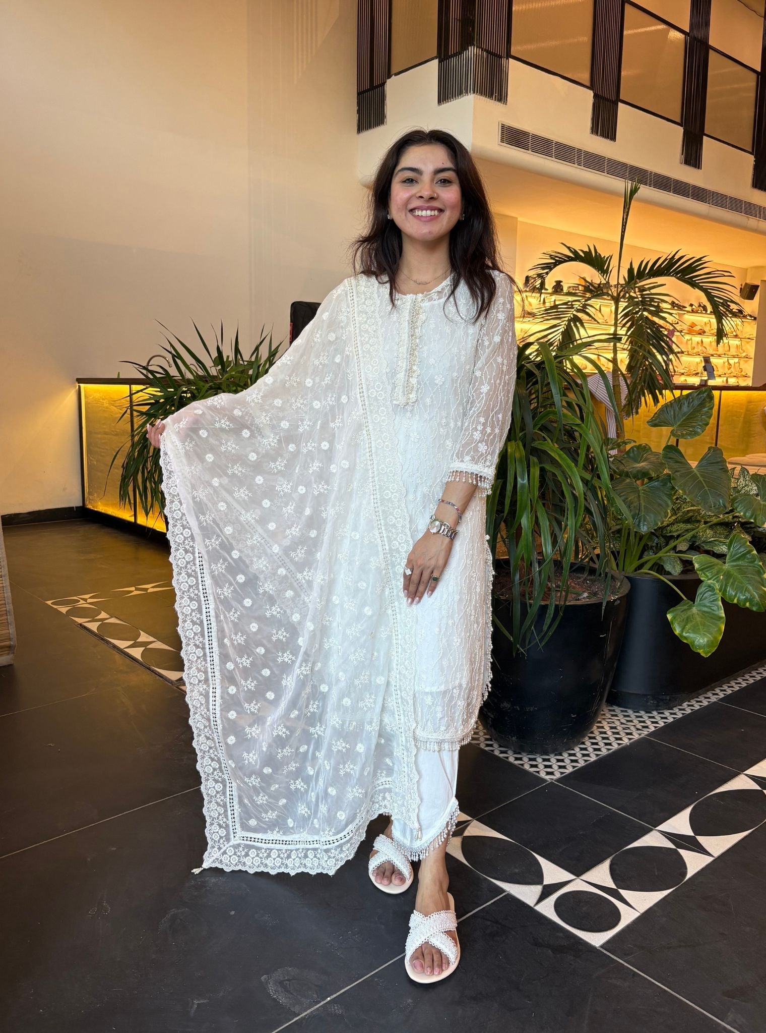 Freya Tencel Luxe Organza White Kurta With Freya Round Hem Pant