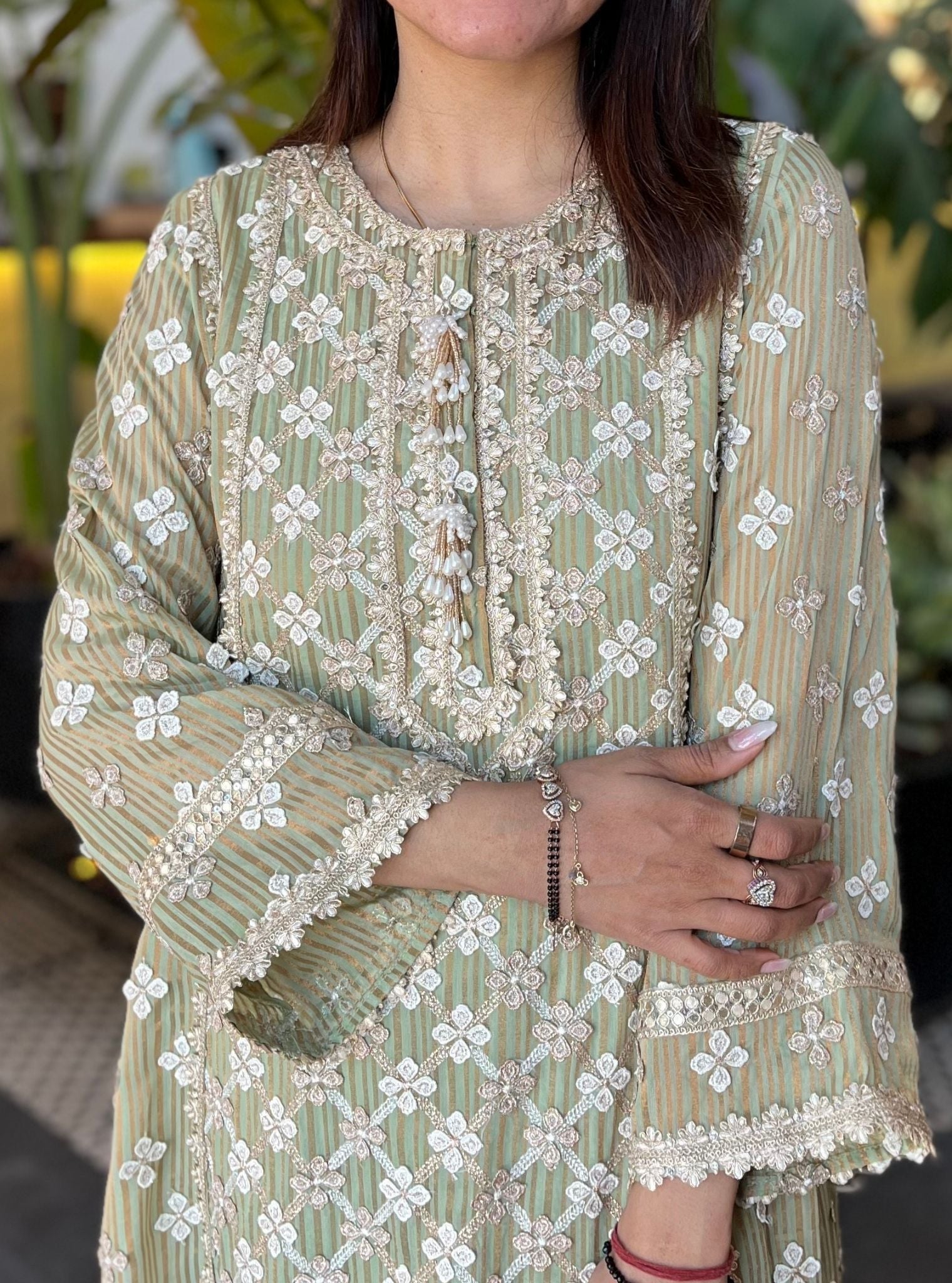 Eurielle Banarsi Green Anarkali Kurta Set