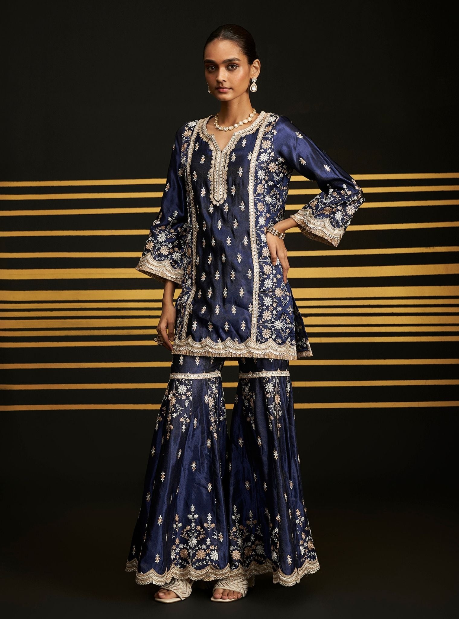 Satranga Tissue Linen Satin Navy Kurta Set