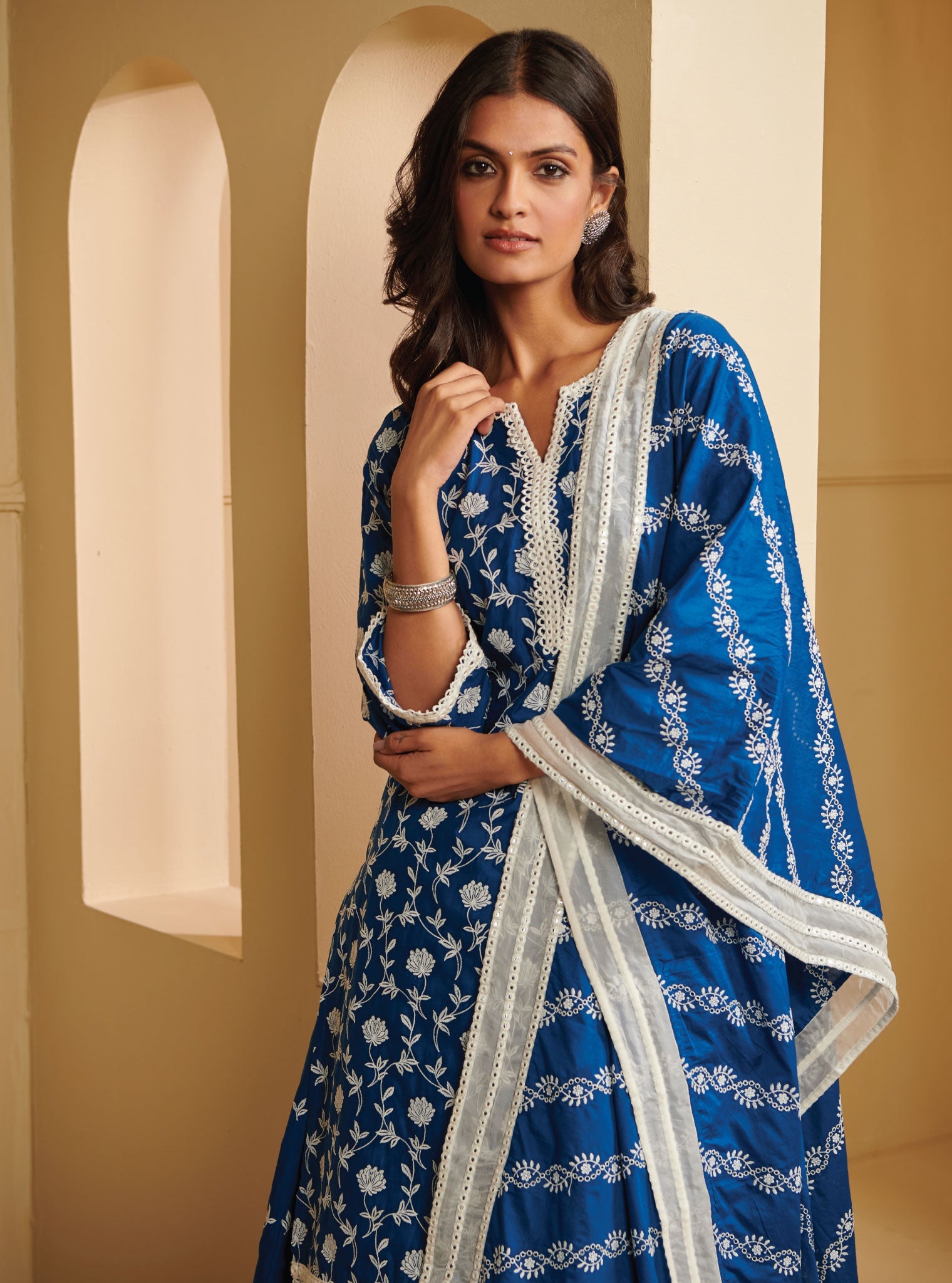 Renisa Supima Cotton Navy Kurta with Skirt Set