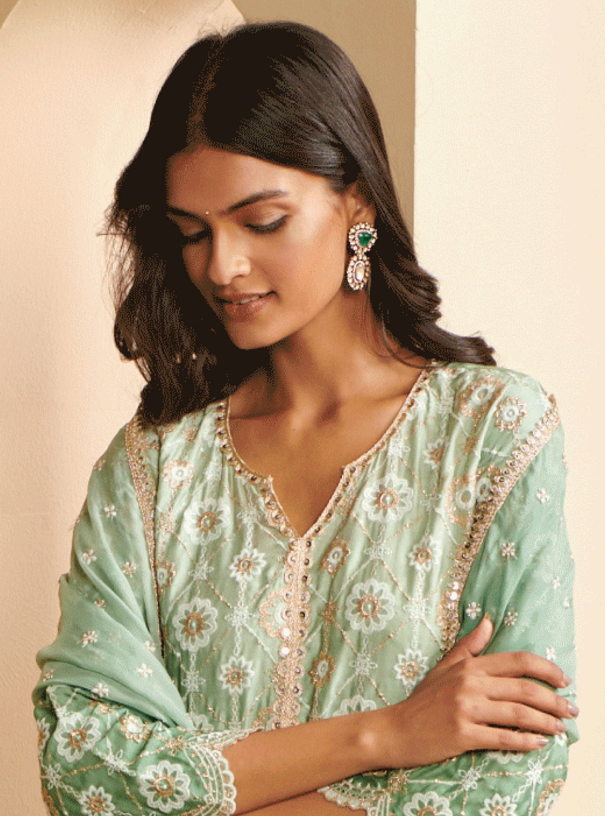 Pure Silver Polki Emerald Earrings