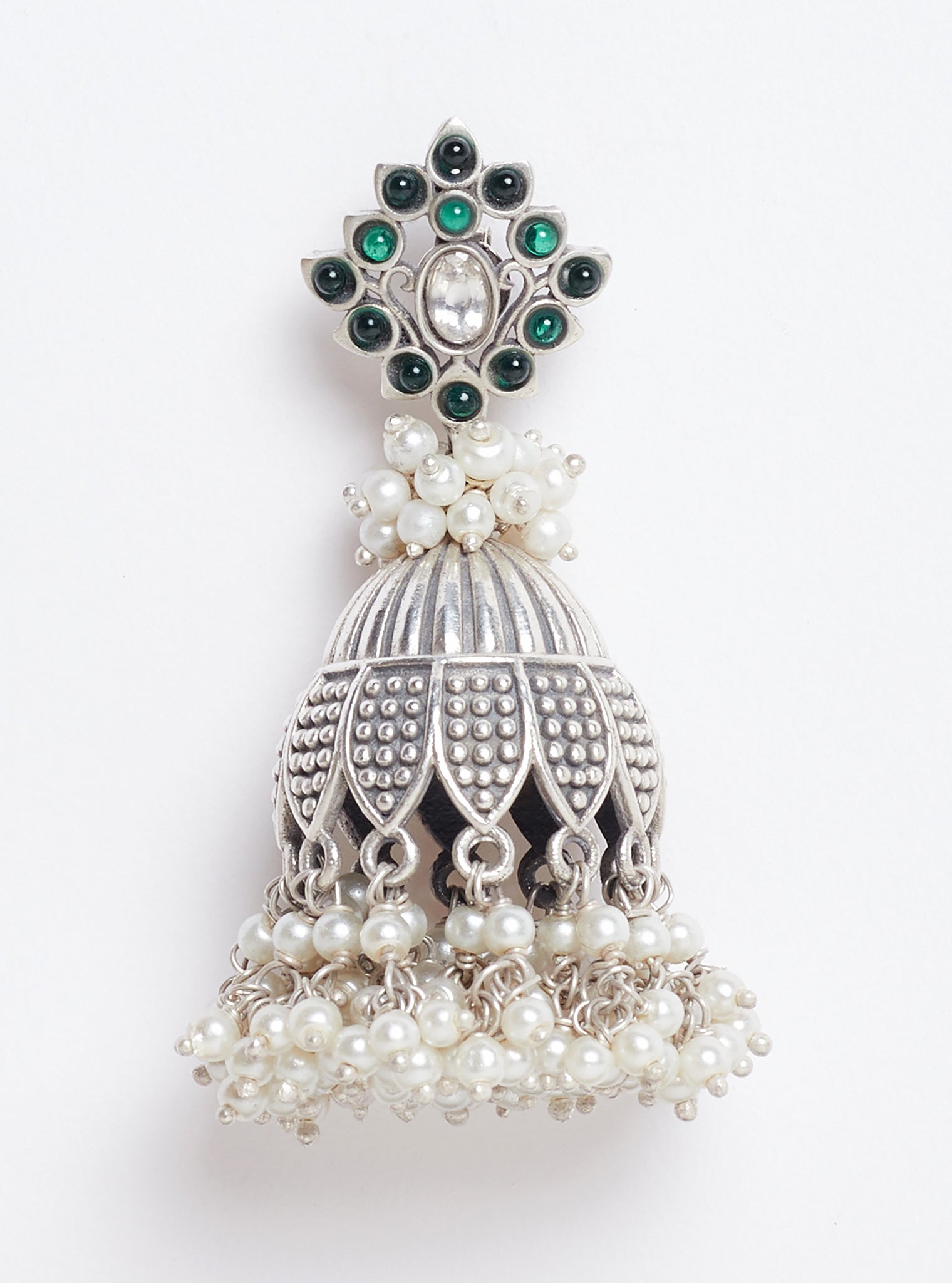 Pure Silver Coral Bell Pearl Jhumki