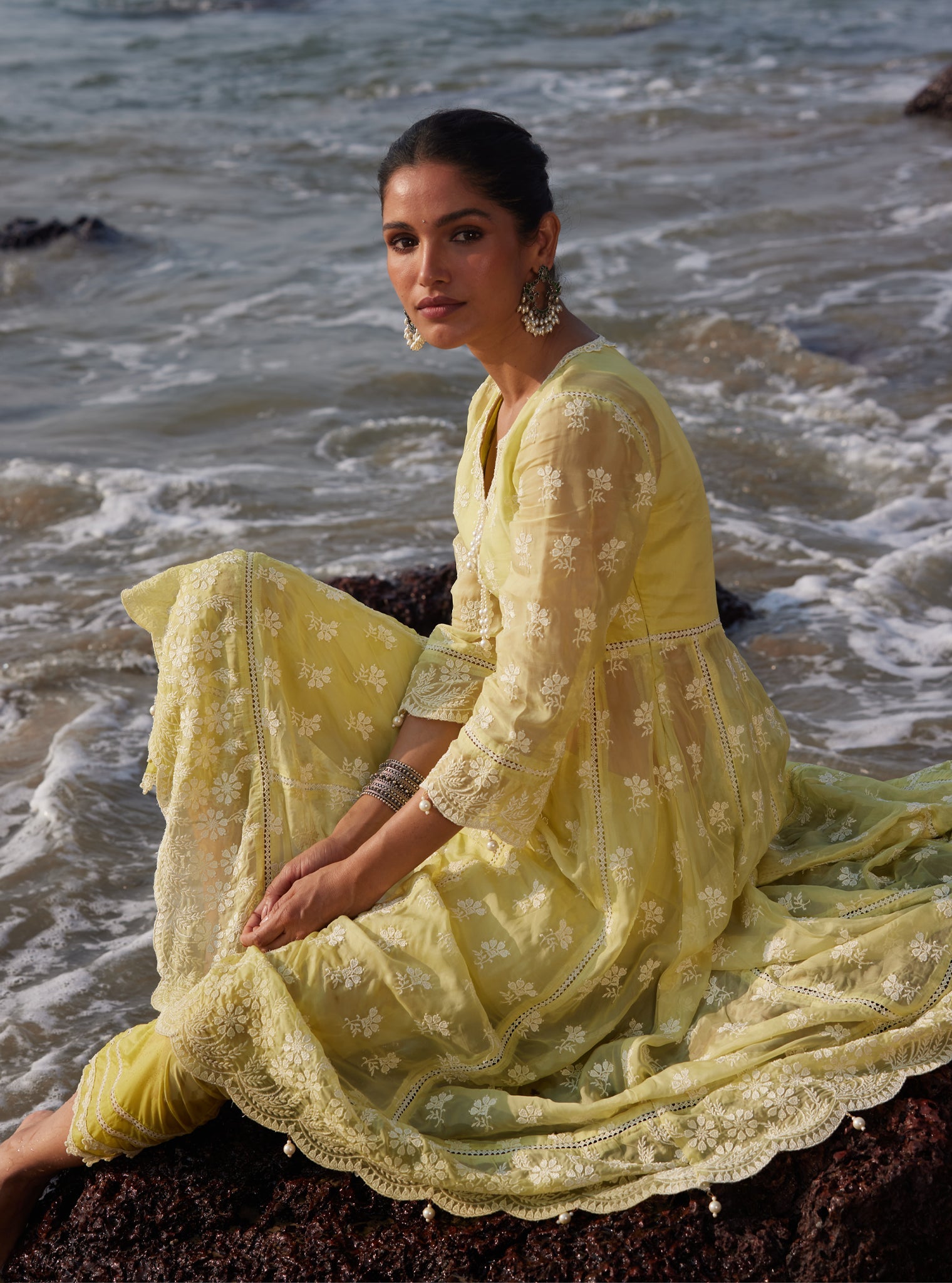 Surla Organza Lime Anarkali Kurta Set