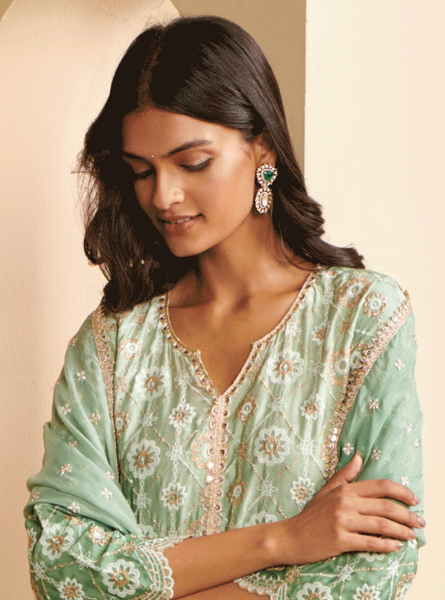 Pure Silver Polki Emerald Earrings