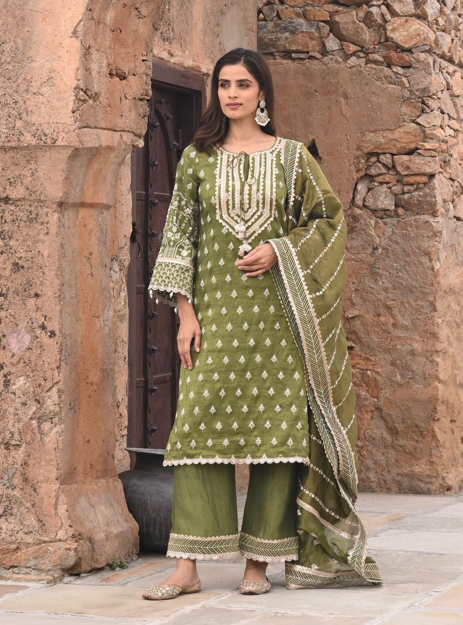 Dholna Luxe Tissue Satin Moss Green Kurta Set
