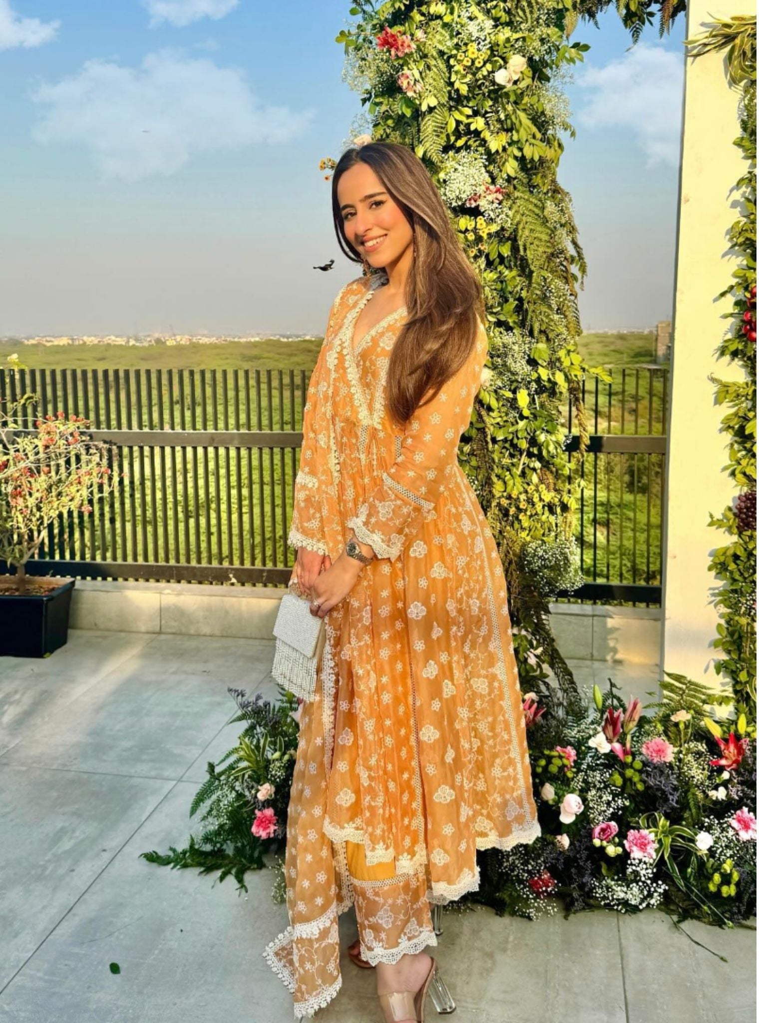 Bolour Organza Orange Anarkali Set