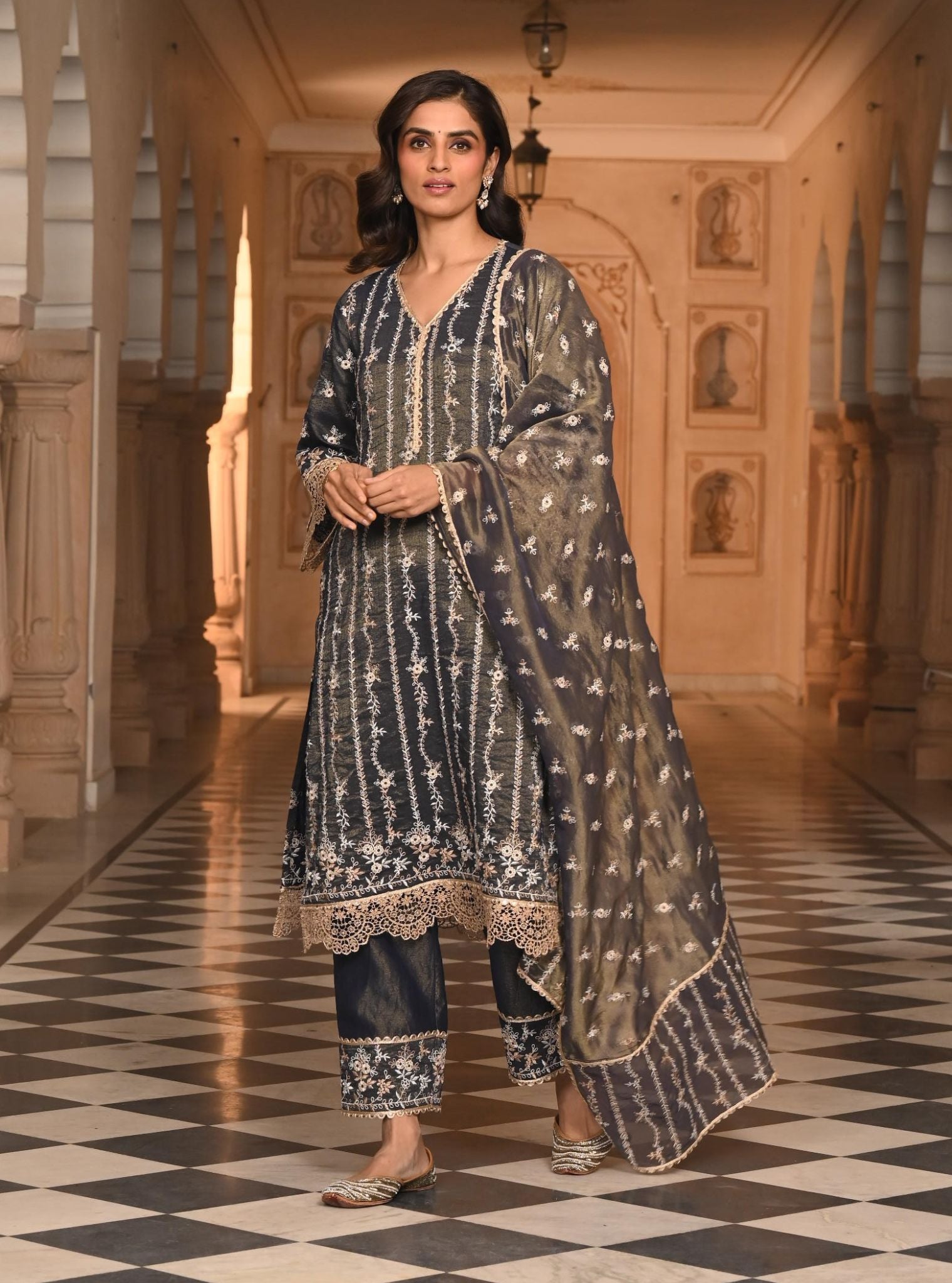 Chaleya Luxe Tissue Satin Navy Kurta Set