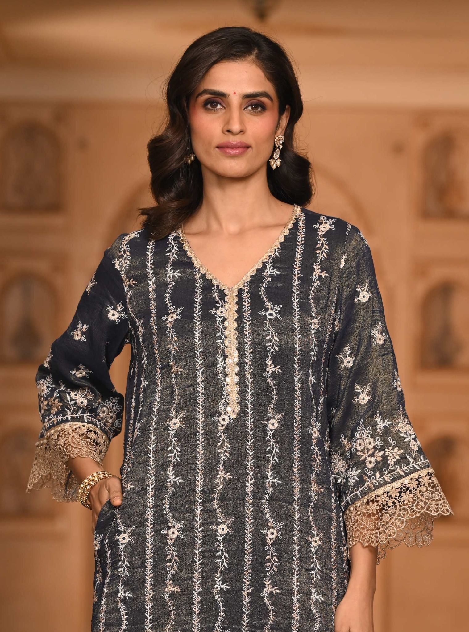 Chaleya Luxe Tissue Satin Navy Kurta Set