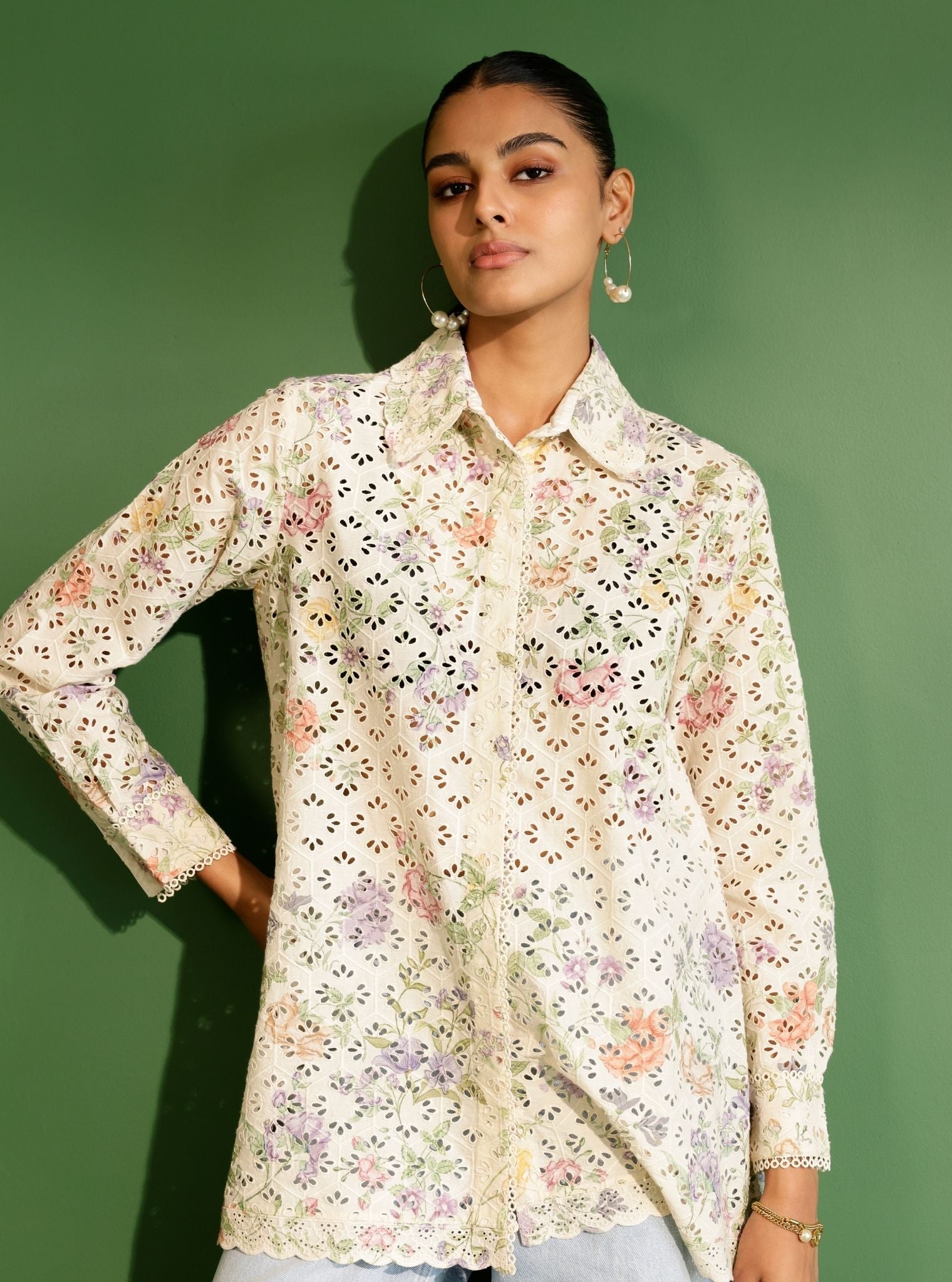 Beatrice Supima Cotton Printed Cream Shirt