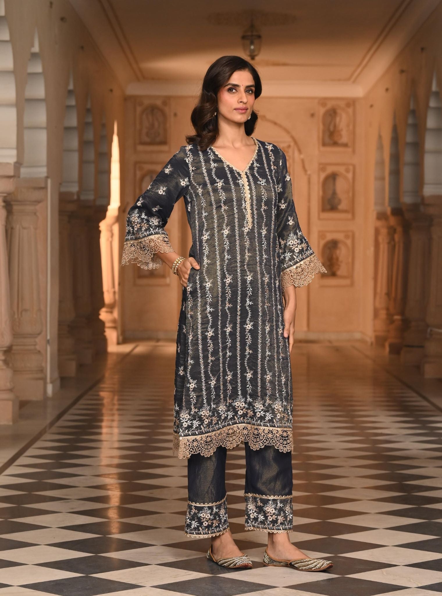 Chaleya Luxe Tissue Satin Navy Kurta Set