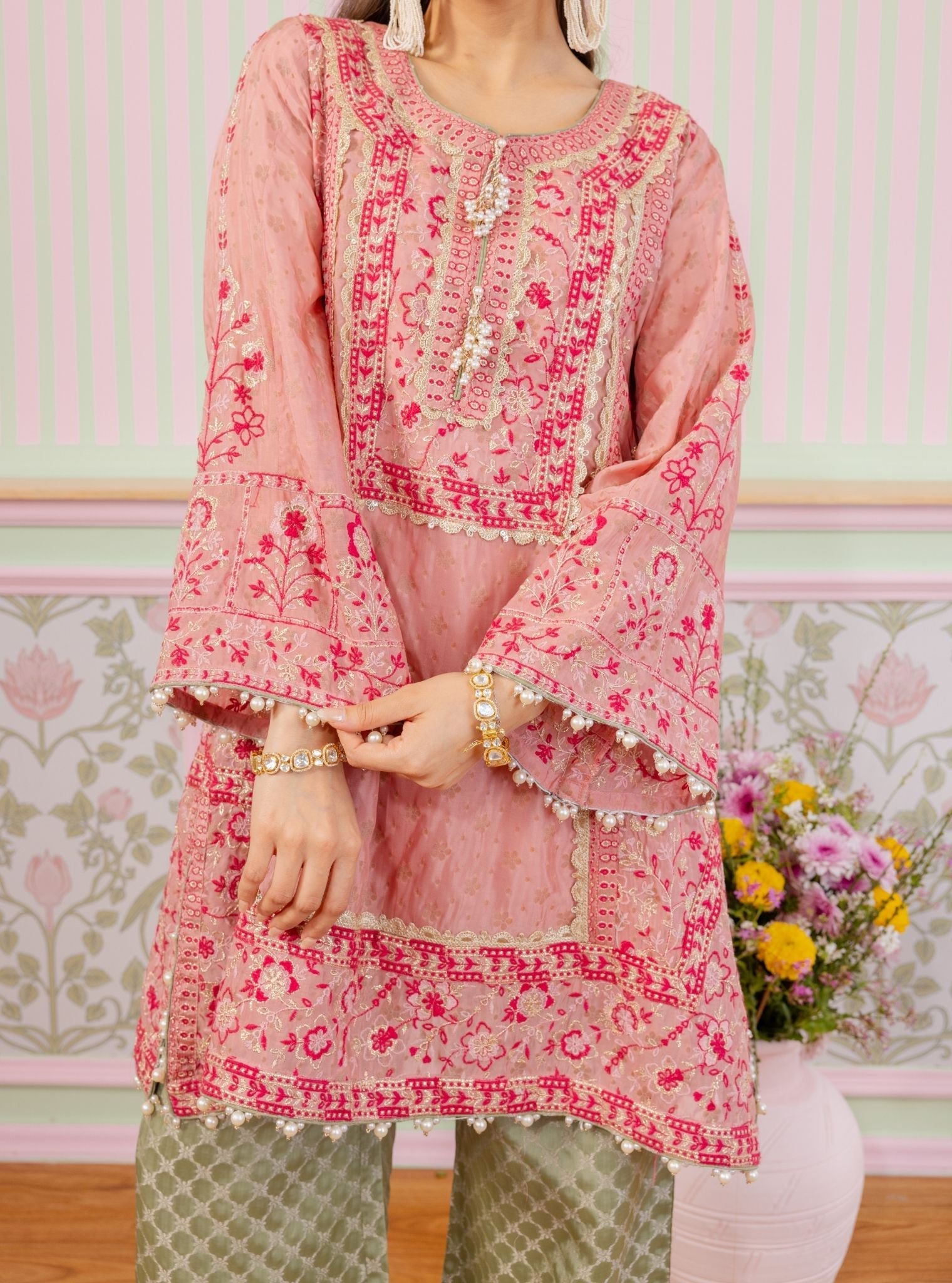 Mangal Banarsi Pink Kurta With Green Pant