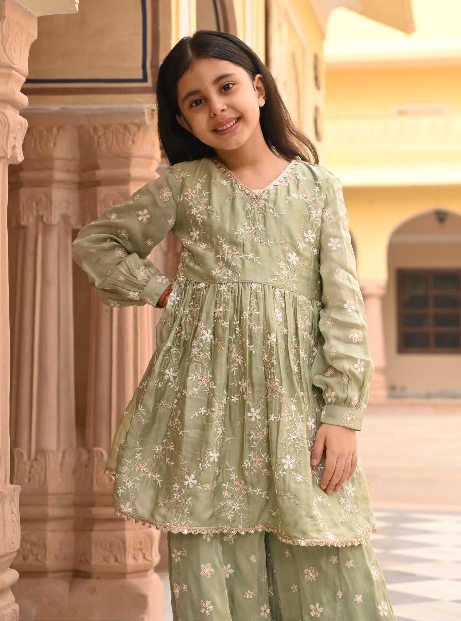 Doria Organza Satin Sage Green Kurta with Sharara Set