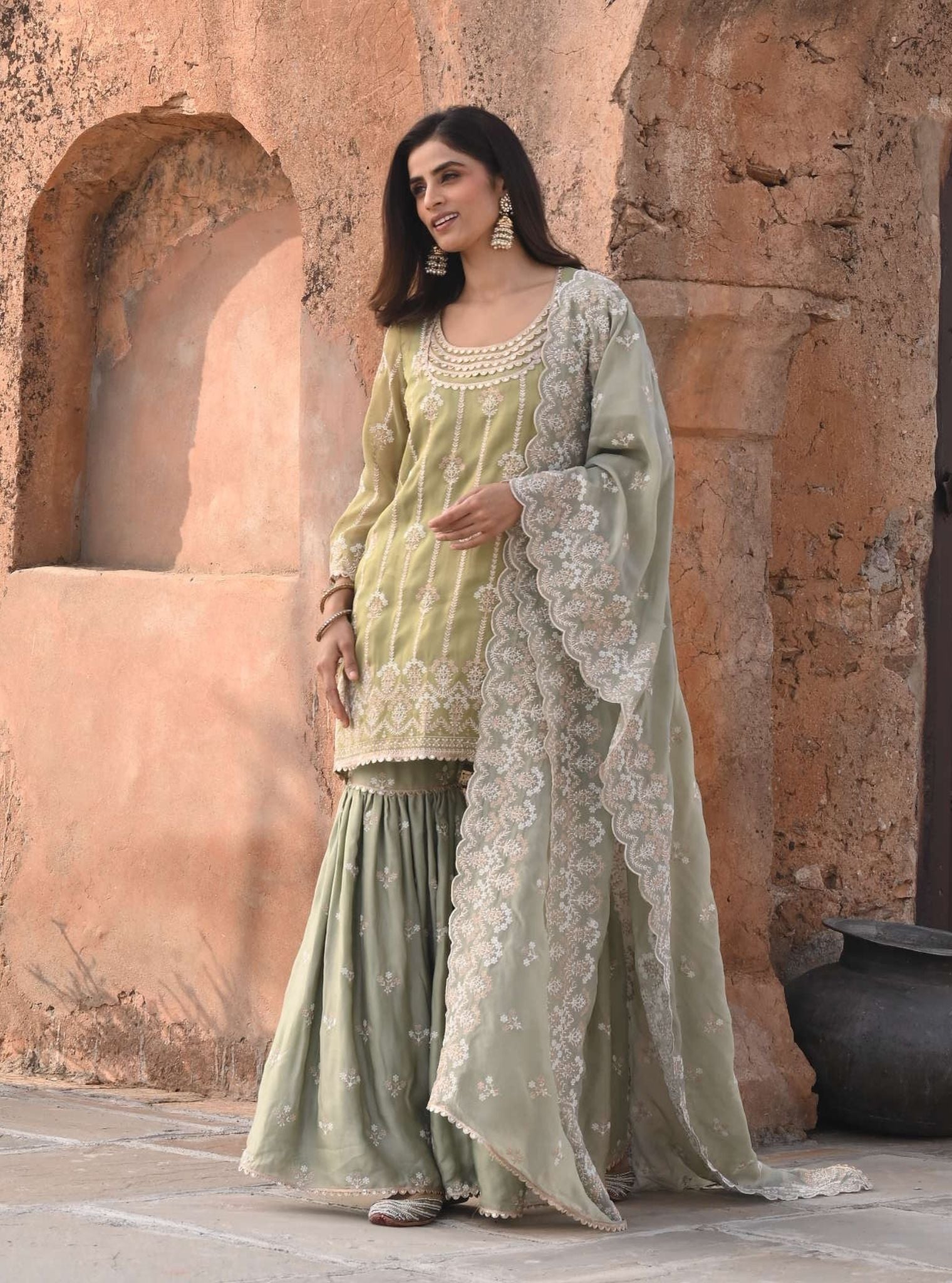 Heer Luxe Tissue Sage Green Kurta with Garara Set