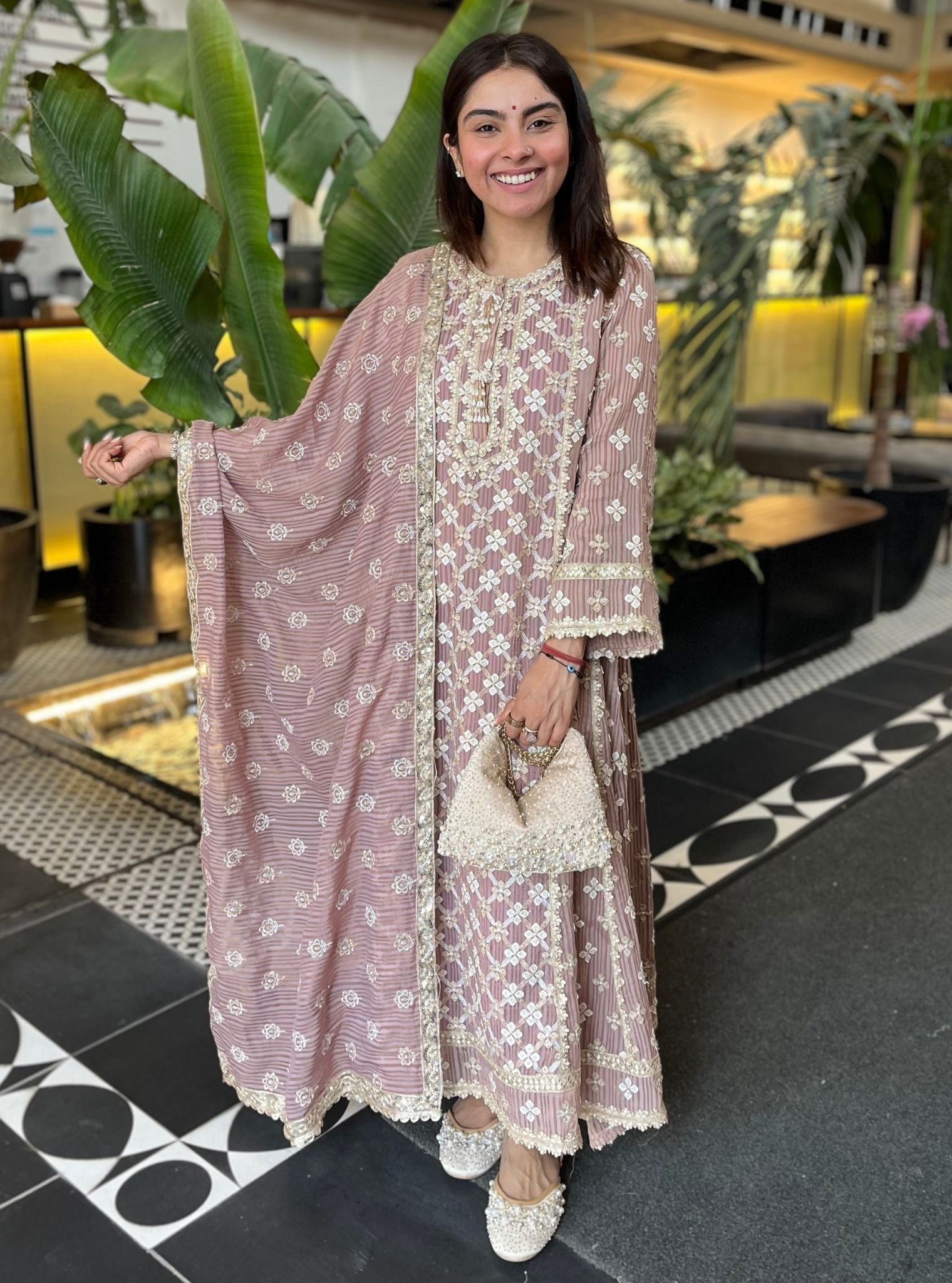 Eurielle Banarsi Lilac Anarkali Kurta Set