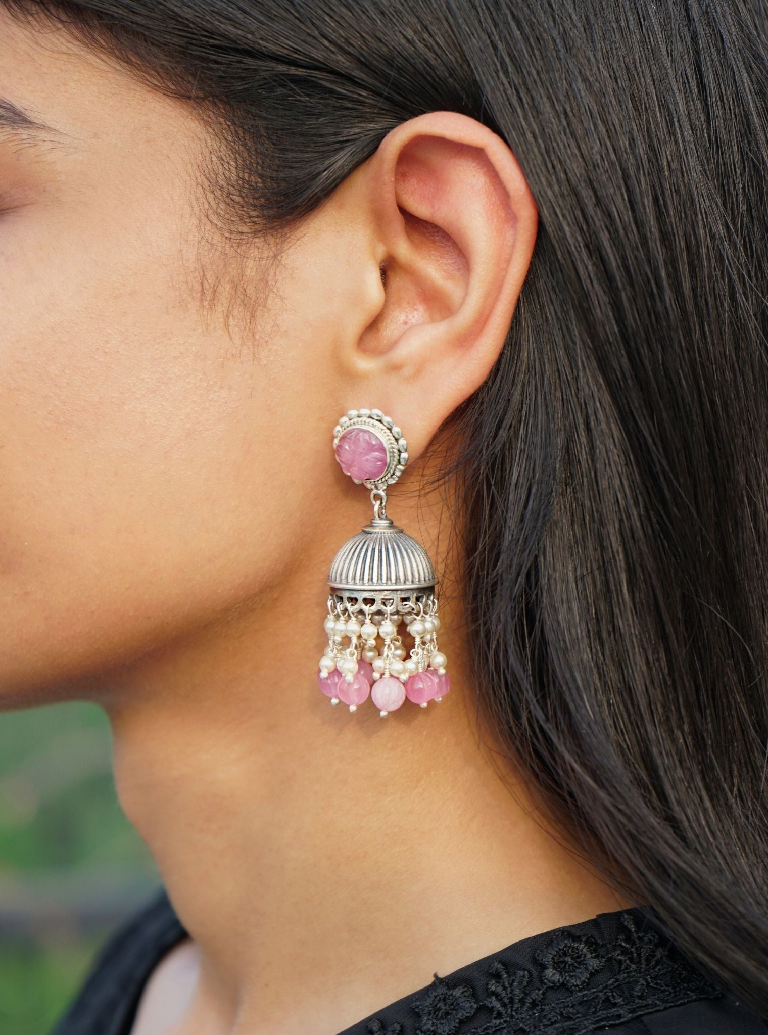 Pure Silver Jia Jhumka Pink