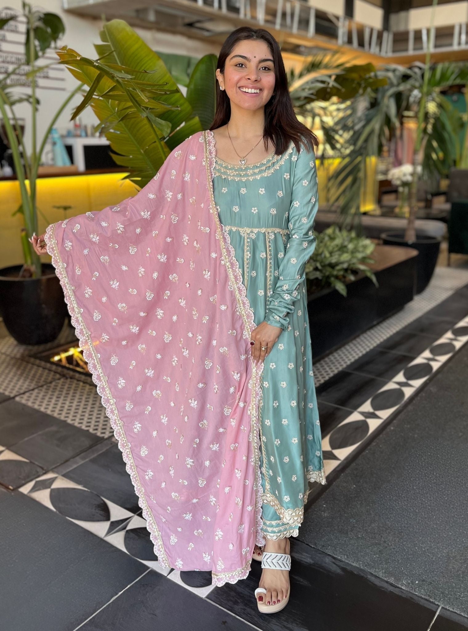 Louna Modal Satin Teal Blue Anarkali Kurta Set