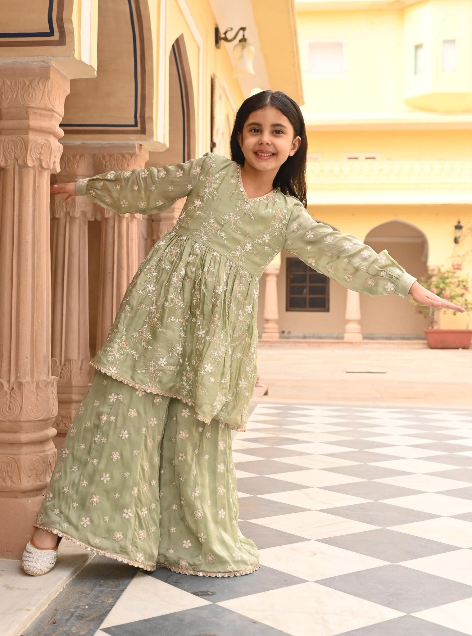 Doria Organza Satin Sage Green Kurta with Sharara Set