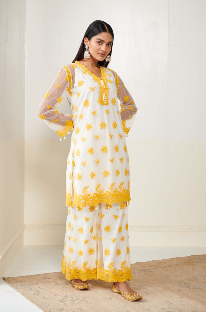 Glenn Net White Kurta with Palazzo Set