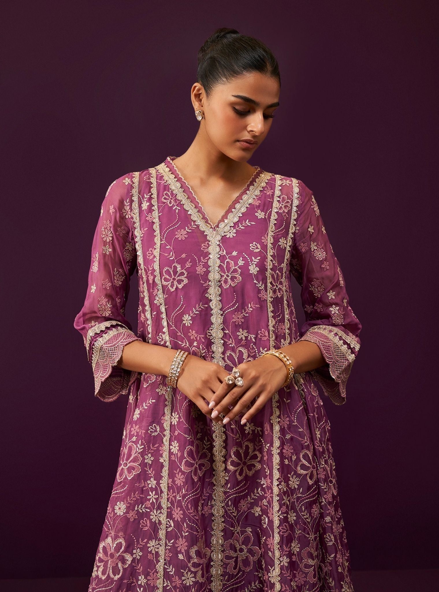 Sirikit Organza Grape Anarkali Kurta Set