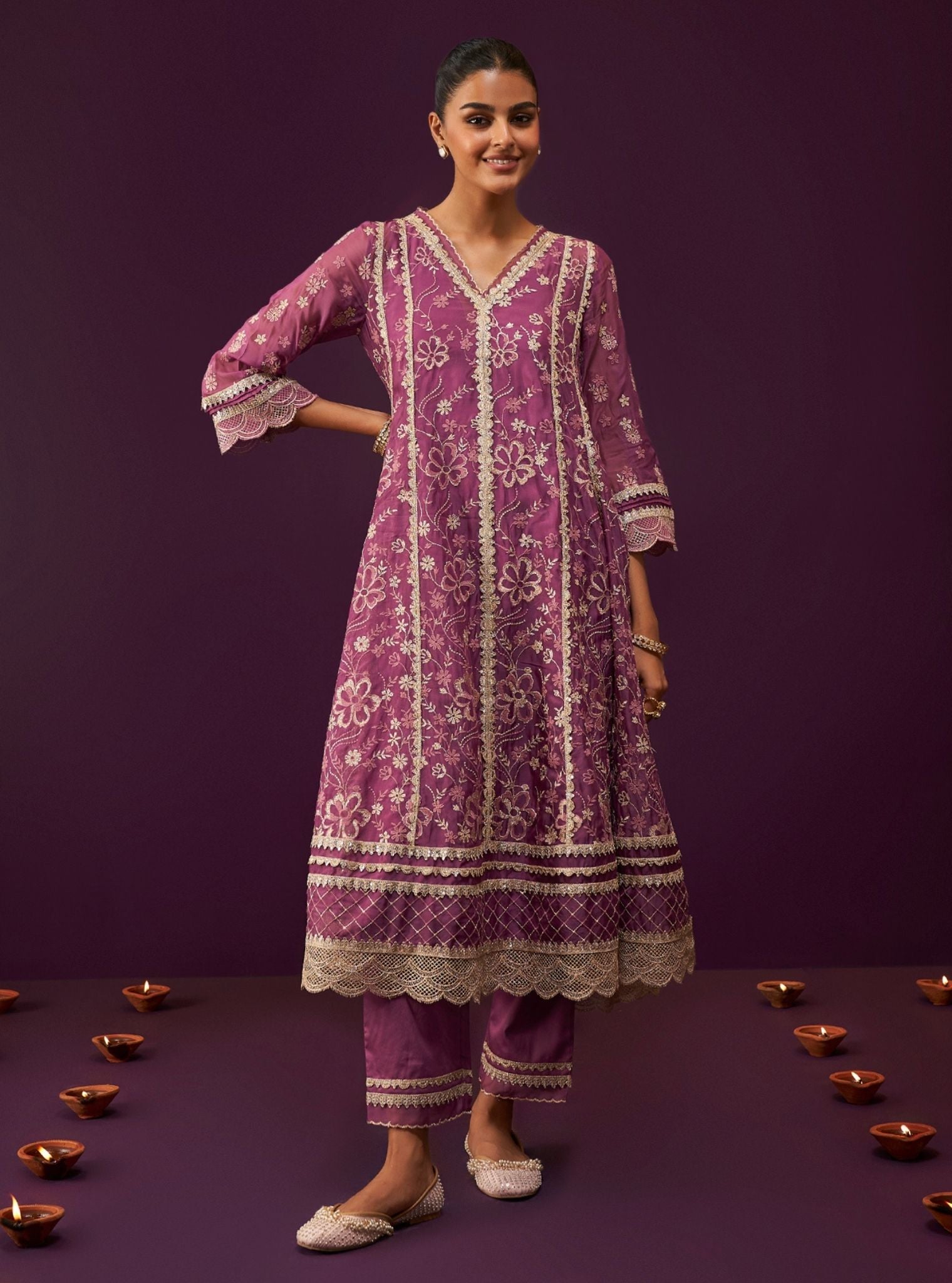 Sirikit Organza Grape Anarkali Kurta Set