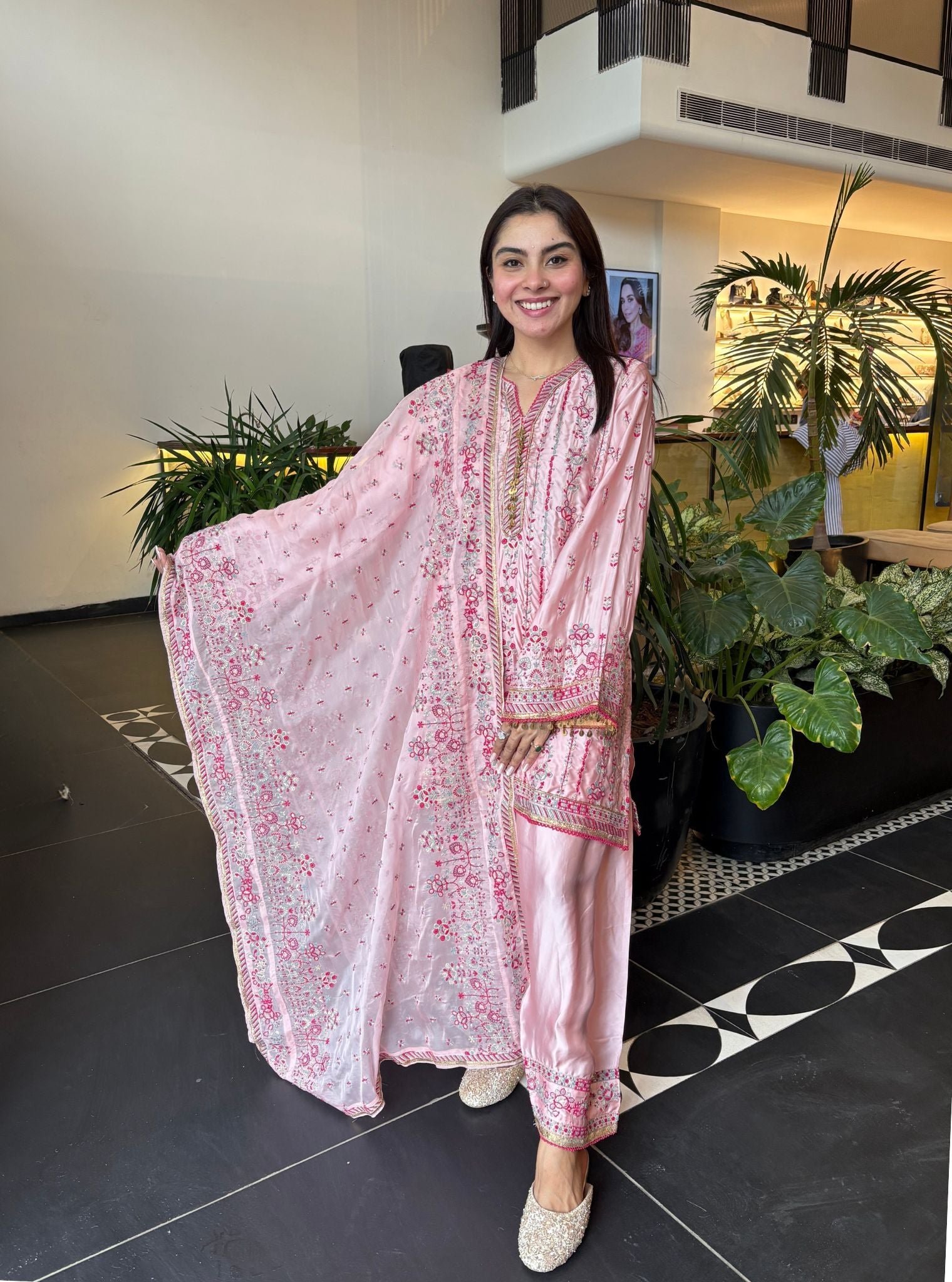 Pralika Bemberg Satin Pink Kurta With Farshi Salwar