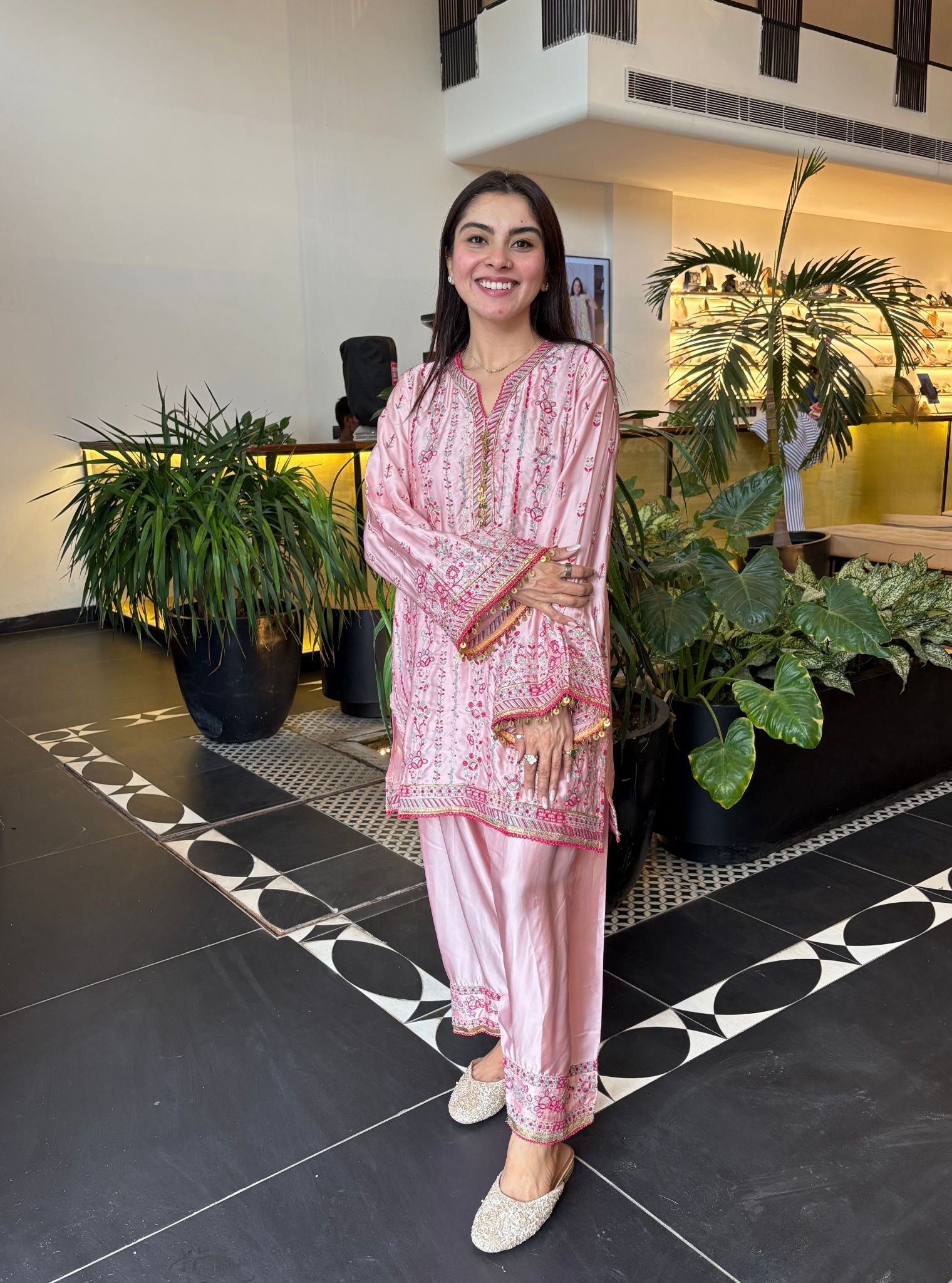 Pralika Bemberg Satin Pink Kurta With Farshi Salwar