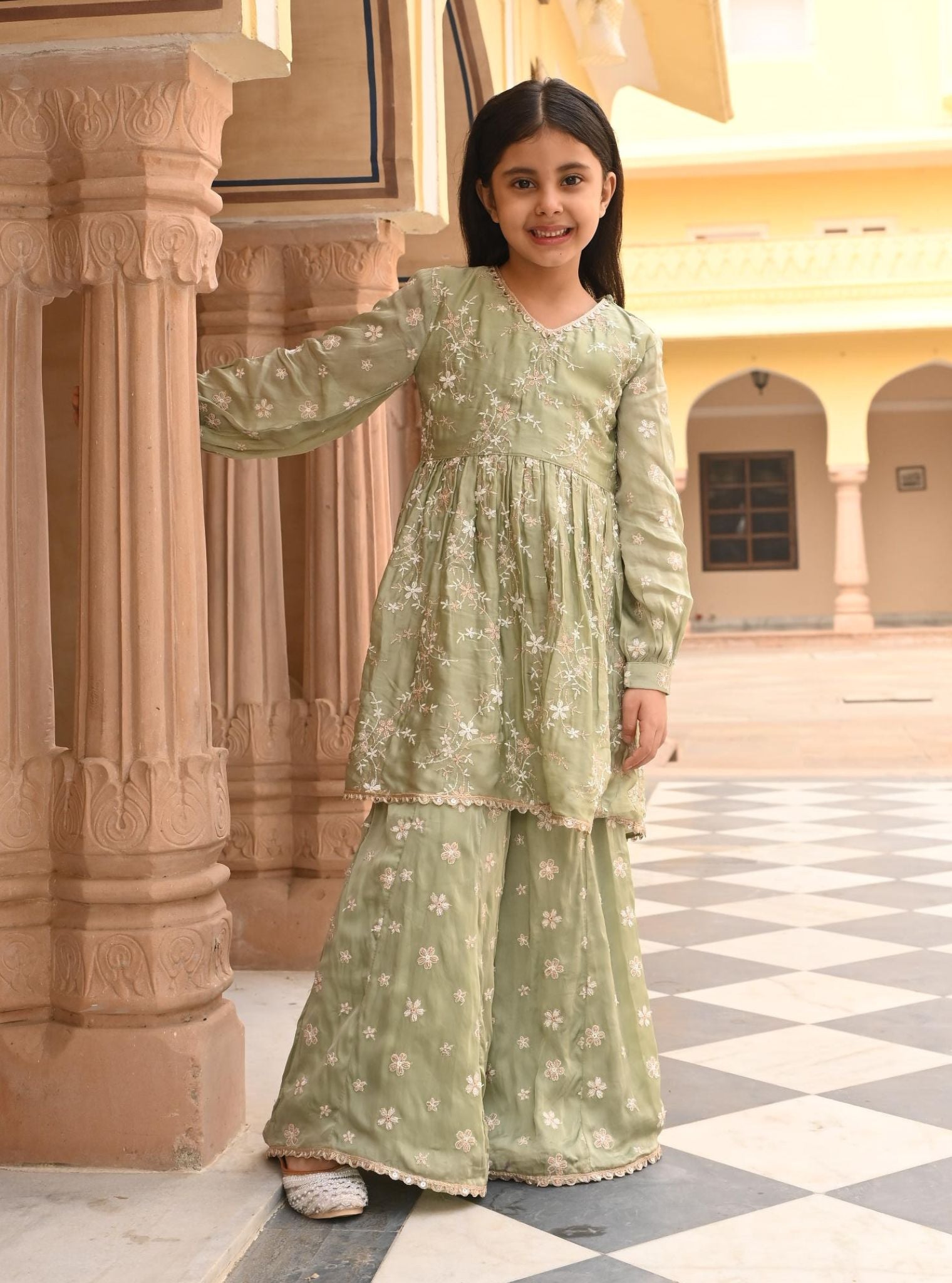 Doria Organza Satin Sage Green Kurta with Sharara Set