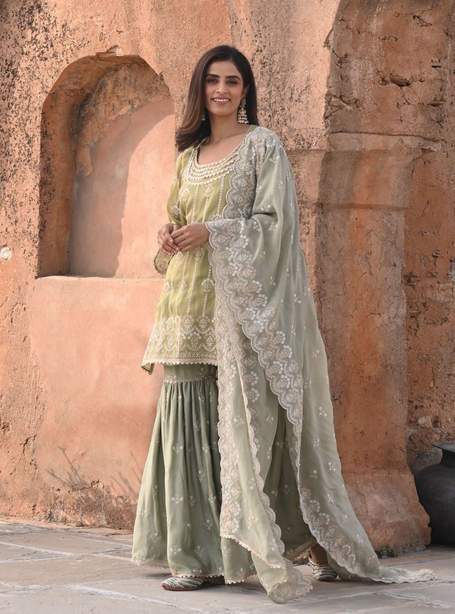 Heer Luxe Tissue Sage Green Kurta with Garara Set