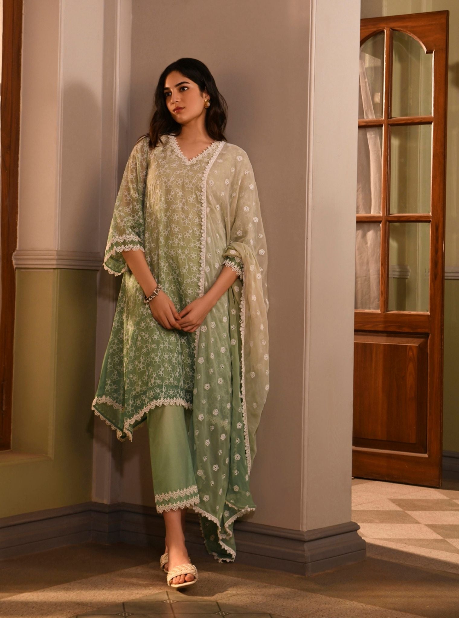 Edna Organza Green Kurta Set
