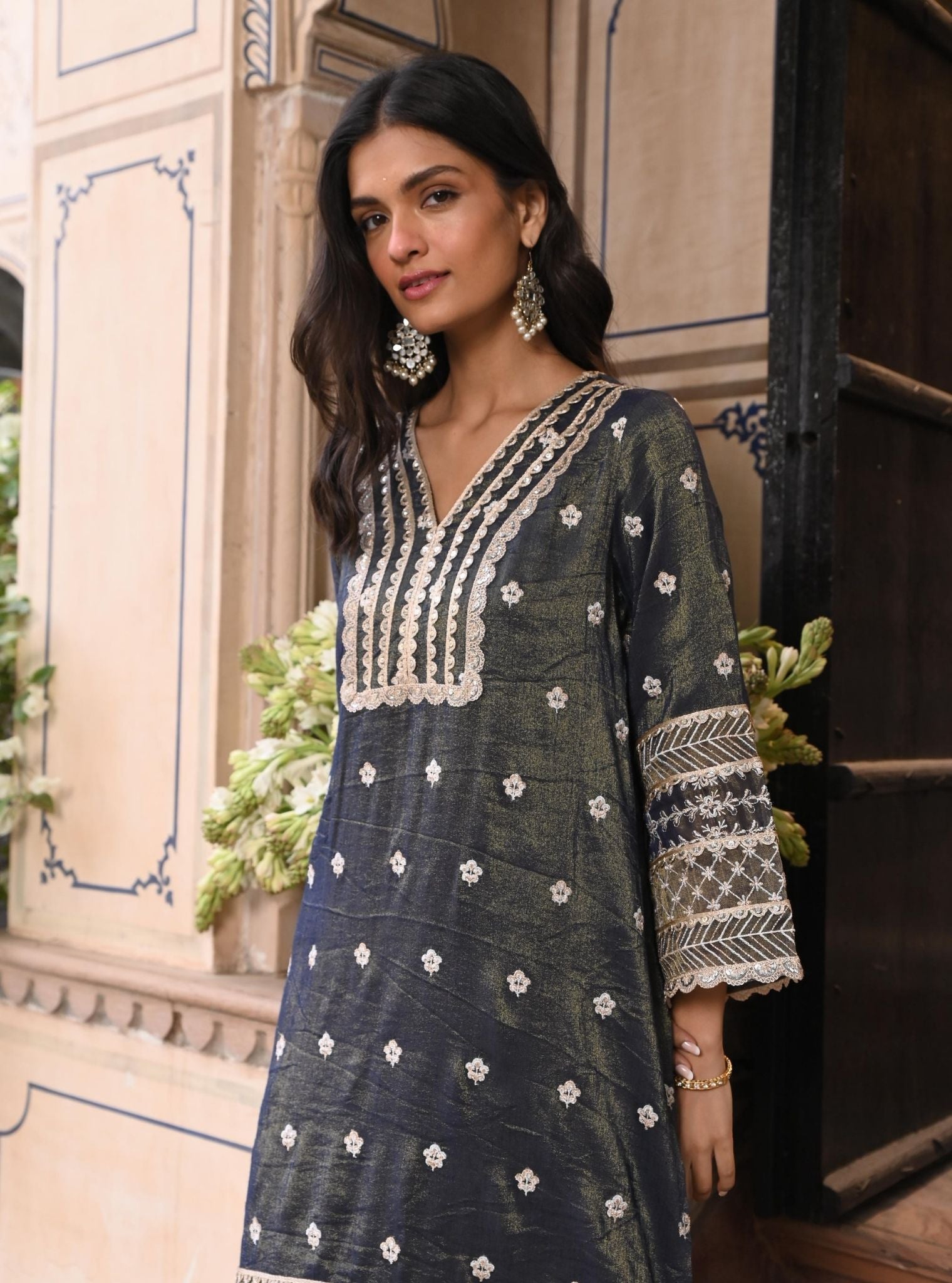 Sajni Luxe Tissue Satin Navy Kurta Set